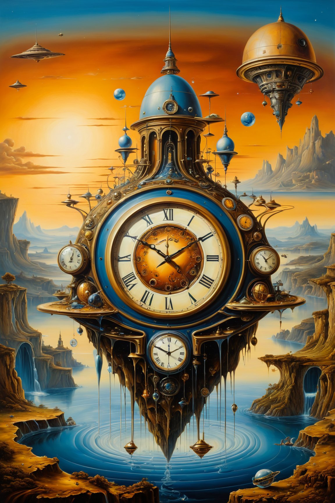 high quality, highly detailed, fantasy, At the forefront of this enchanting scene stands This surrealistic painting features melting clocks draped over various objects computer, spaceship, Salvador Dalis face, in a dreamlike landscape. Its distorted reality and unsettling beauty in the style of Leonardo Davinchi