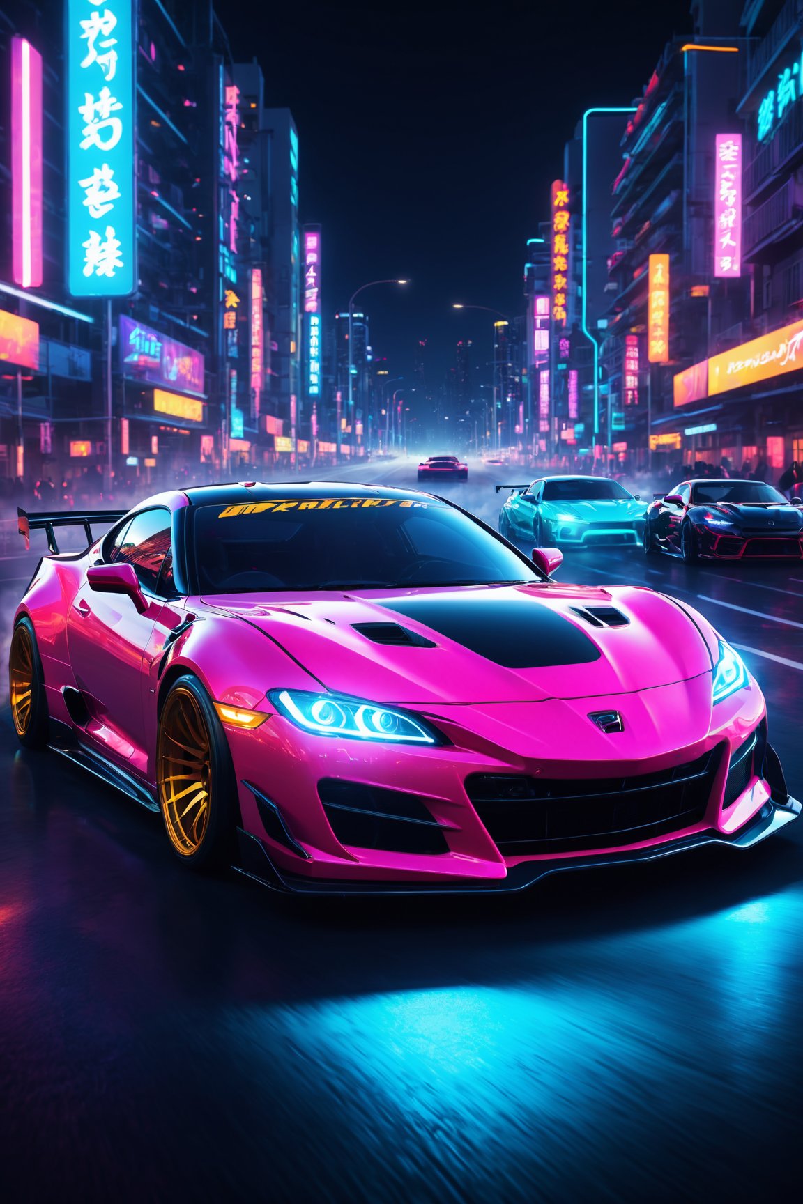 Anime-style street racer, neon-lit city, fast cars, drifting, adrenaline-fueled action, intense concentration, midnight speed