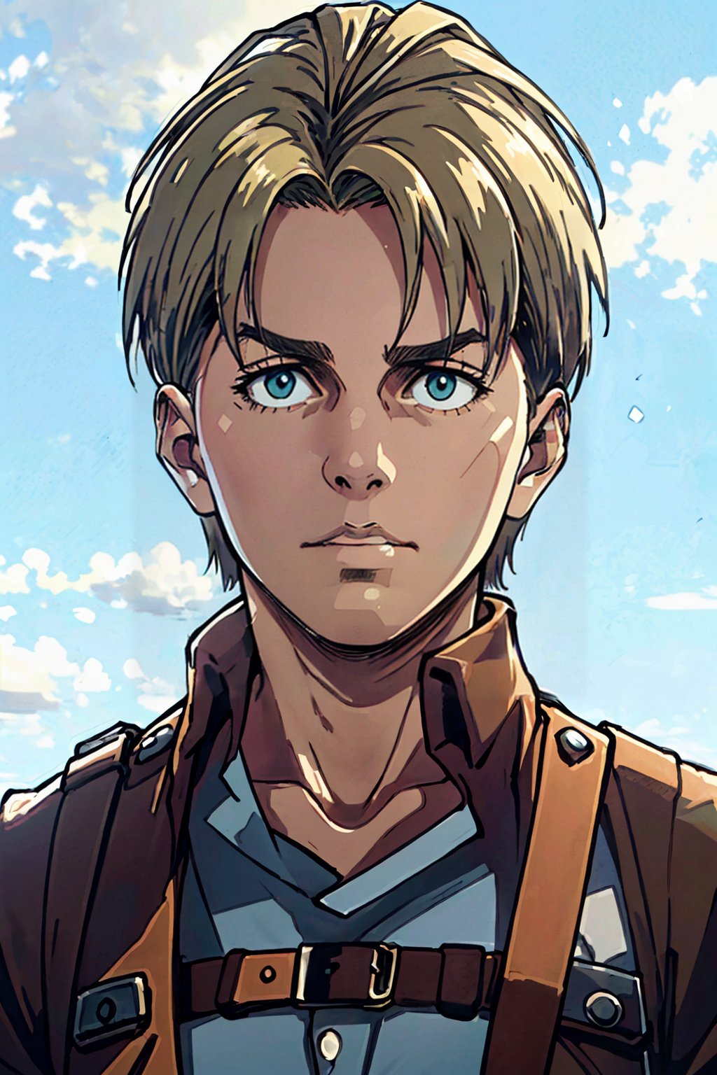 1girl, solo, Nanaba, Attack on Titan, blue eyes, wore standard Survey Corps uniform with a light-colored v-neck underneath, short light hair, petite build, calm, beautiful, handsome, charming, alluring, gentle expression, soft expression, (standing), (upper body in frame), Wit Studio anime style, simple background, green plains, cloudy blue sky, perfect light, perfect anatomy, perfect proportions, 8k, HQ, HD, UHD, (best quality:1.5, hyperrealistic:1.5, photorealistic:1.4, madly detailed CG unity 8k wallpaper:1.5, masterpiece:1.3, madly detailed photo:1.2), (hyper-realistic lifelike texture:1.4, realistic eyes:1.2), picture-perfect face, perfect eye pupil, detailed eyes, portrait, dynamic, cinematic 
