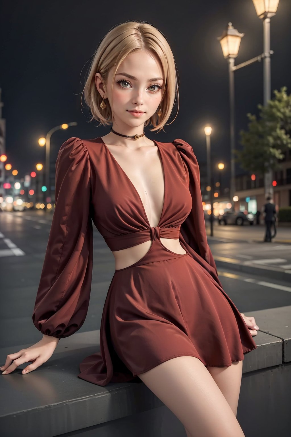 navia_gi,  a girl with yellow eyes,  short hair,  blonde hair,  beautiful woman,  perfect body,  perfect breasts,  Pamela dress,  (red dress:1.2),  cowboy_shot,  sitting,  on the street,  street photography,  night time,  street lamps,  lights,  light particles,  depth of field,  innocent girl,  gentle smile,  looking at the audience,  masterpiece,  super detailed,  high detail,  high quality,  best quality,  1080p,  16k, Pamela dress, yoimiyadef,<lora:EMS-270700-EMS:0.600000>