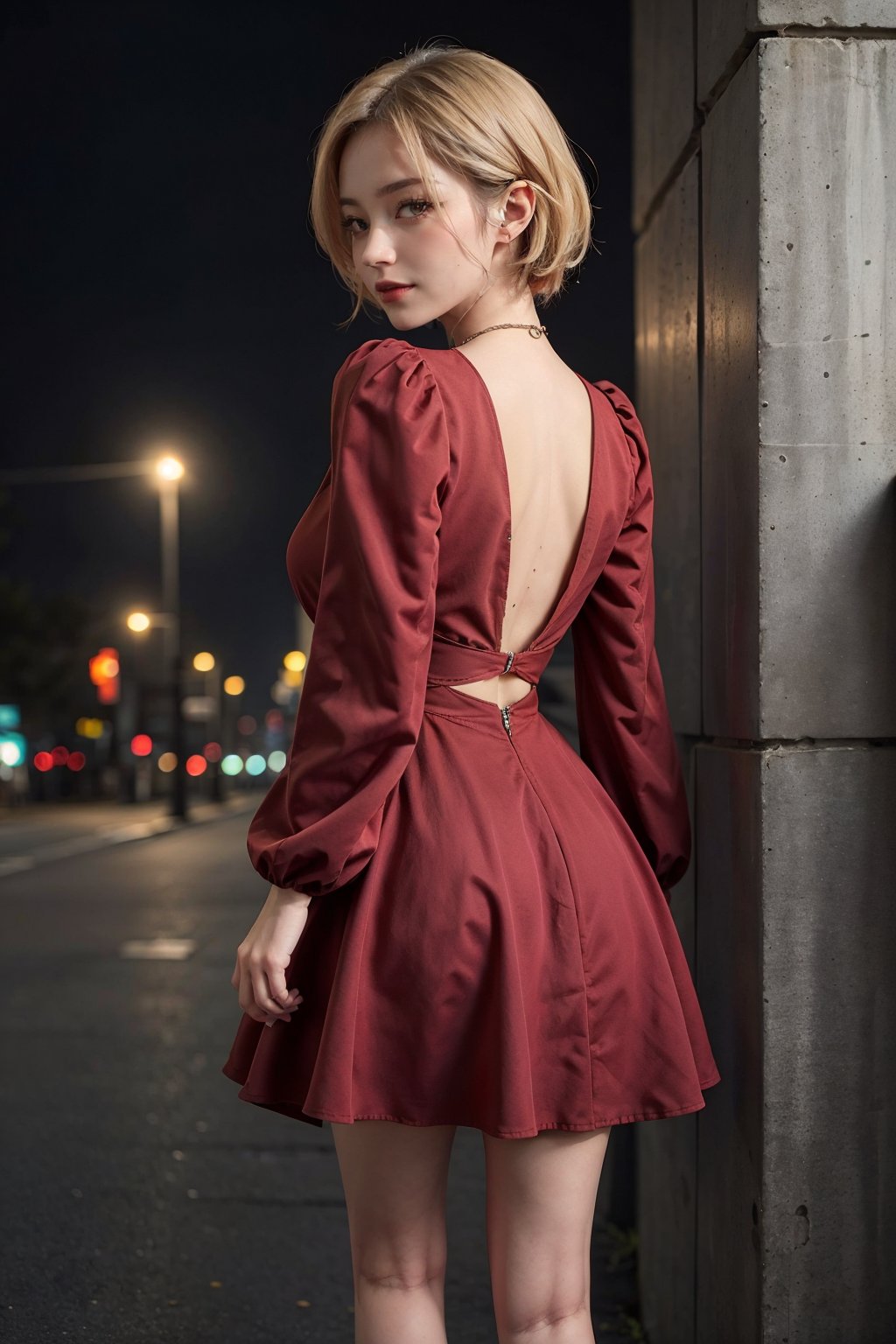 navia_gi,  a girl with yellow eyes,  short hair,  blonde hair,  beautiful woman,  perfect body,  perfect breasts,  Pamela dress,  (red dress:1.2),  cowboy_shot,  standing,  back shot,  against a wall,  leaning on the wall,  night time,  street lamps,  lights,  light particles,  depth of field,  innocent girl,  gentle smile,  looking at the audience,  masterpiece,  super detailed,  high detail,  high quality,  best quality,  1080p,  16k, Pamela dress, yoimiyadef,<lora:EMS-270700-EMS:0.500000>