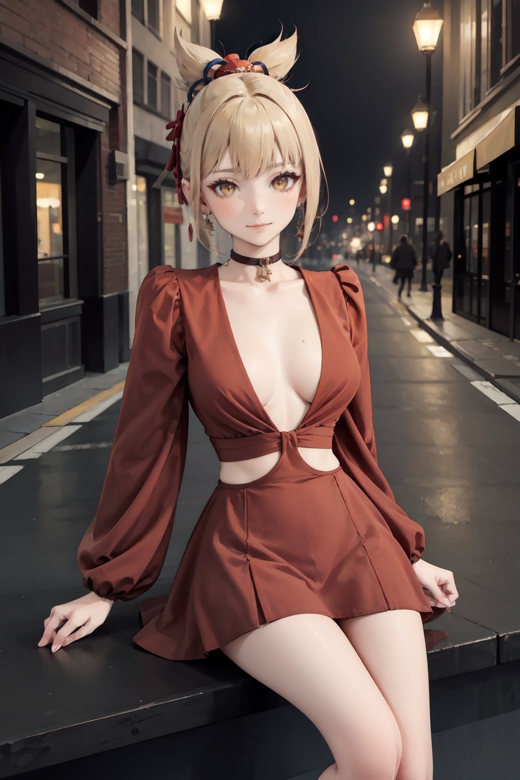 navia_gi,  a girl with yellow eyes,  short hair,  blonde hair,  beautiful woman,  perfect body,  perfect breasts,  Pamela dress,  (red dress:1.2),  cowboy_shot,  sitting,  on the street,  street photography,  night time,  street lamps,  lights,  light particles,  depth of field,  innocent girl,  gentle smile,  looking at the audience,  masterpiece,  super detailed,  high detail,  high quality,  best quality,  1080p,  16k, Pamela dress, yoimiyadef,<lora:EMS-5263-EMS:0.800000>,<lora:EMS-270700-EMS:0.600000>