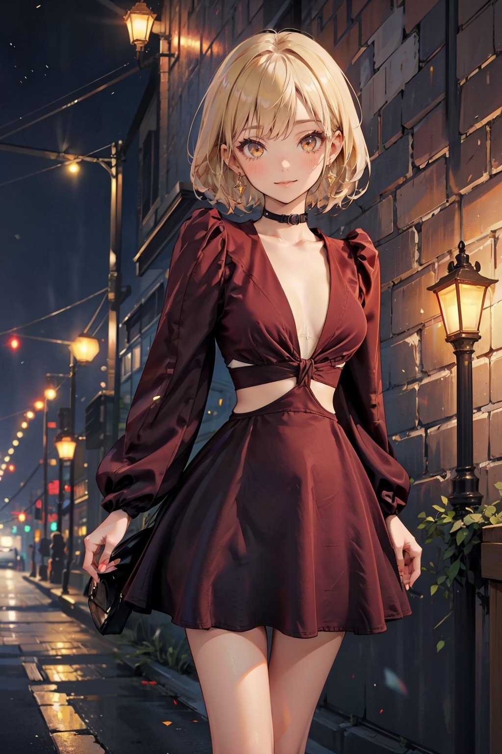 navia_gi,  a girl with yellow eyes,  short hair,  blonde hair,  beautiful woman,  perfect body,  perfect breasts,  Pamela dress,  (red dress:1.2),  cowboy_shot,  standing,  against a wall,  night time,  street lamps,  lights,  light particles,  depth of field,  innocent girl,  gentle smile,  looking at the audience,  masterpiece,  super detailed,  high detail,  high quality,  best quality,  1080p,  16k, Pamela dress, yoimiyadef,<lora:EMS-270700-EMS:0.600000>