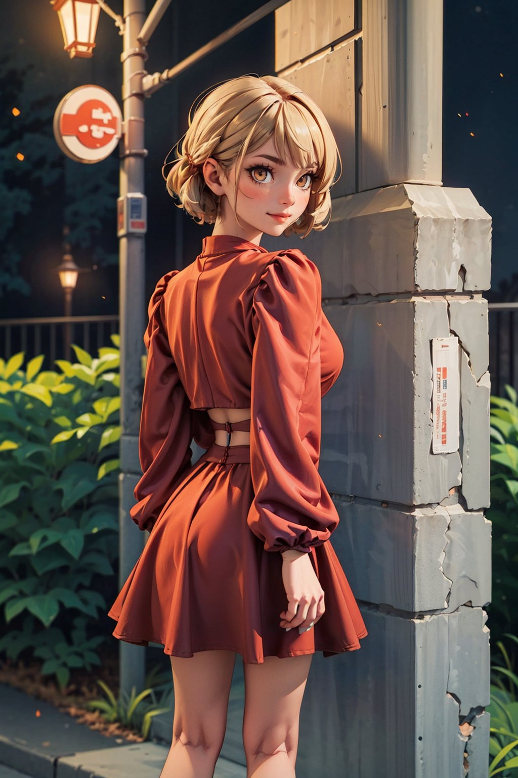 navia_gi,  a girl with yellow eyes,  short hair,  blonde hair,  beautiful woman,  perfect body,  perfect breasts,  Pamela dress,  (red dress:1.2),  cowboy_shot,  standing,  back shot,  against a wall,  leaning on the wall,  night time,  street lamps,  lights,  light particles,  depth of field,  innocent girl,  gentle smile,  looking at the audience,  masterpiece,  super detailed,  high detail,  high quality,  best quality,  1080p,  16k, Pamela dress, yoimiyadef,<lora:EMS-270700-EMS:0.600000>