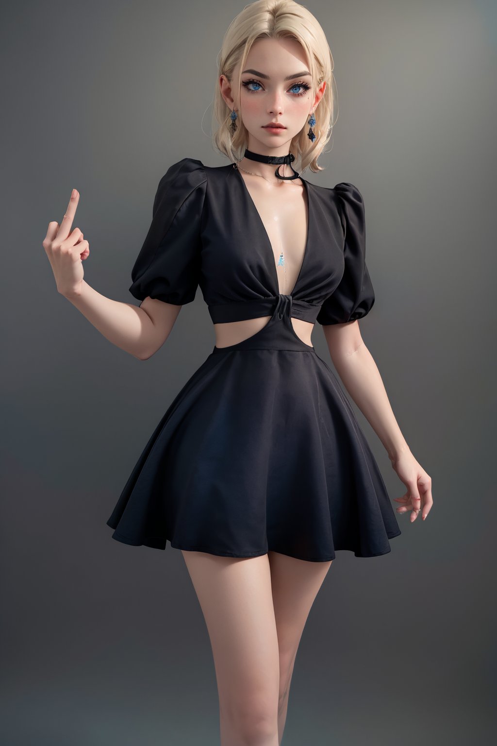 ((Best Quality)),  ((masterpiece)),  (detailed: 1.4),  3D,  an image of a beautiful blonde woman with cyberpunk blue eyes,  Pamela dress,  (black dress),  HDR (High Dynamic Range), Ray Tracing, NVIDIA RTX, Super-Resolution, Unreal 5, Subsurface Dispersion,  PBR Texture,  Post-processing,  Anisotropic filtering,  Depth of field,  Maximum clarity and sharpness,  Multilayer textures,  Albedo and specular maps,  Surface shading,  Accurate simulation of light-material interaction,  Perfect Proportions,  Octane Render,  Two-Tone Lighting, Wide Aperture, Low ISO, White Balance, Rule of Thirds, 8K RAW,  Cyberpunk, (middle finger),<lora:EMS-52872-EMS:0.400000>,<lora:EMS-255241-EMS:0.800000>,<lora:EMS-270700-EMS:0.600000>