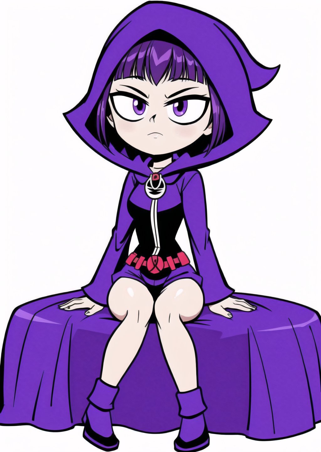 1girl, Ravena, character from Teen Titans, The Raven in her purple costume with two visible legs and a hood over her head is sitting and observing around. 