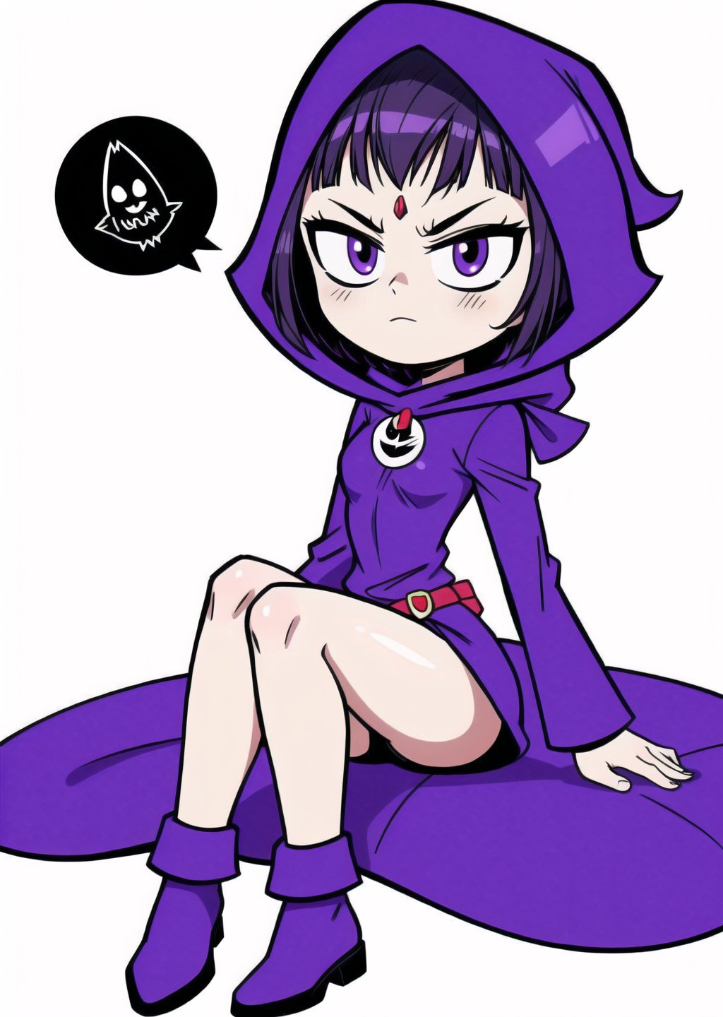 1girl, Ravena, character from Teen Titans, The Raven in her purple costume with two visible legs and a hood over her head is sitting and observing around. | Setting: Universe 