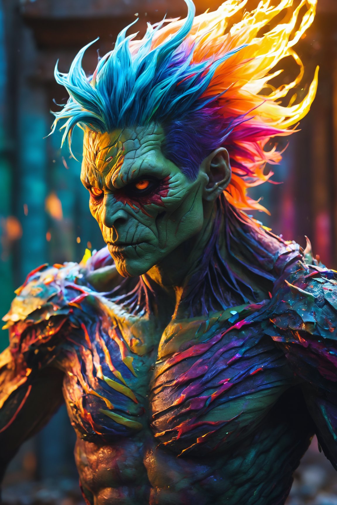 (best quality, 8K, highres, masterpiece), ultra-detailed, (photorealistic, cinematic), illustration painting of a luminous and enchanting bad guy undead/human-like creature with vibrant and dynamic anime-style colors. The creature, with dark, colorful hair, strikes a dynamic pose in a brilliantly lit fantasy realm environment filled with a kaleidoscope of colors. The mid-shot composition and rule of thirds depth of field emphasize intricate details, creating a fantastical realm that bursts with subtle and vibrant colors. The use of light particles enhances the scene's grandeur and awe, making it a stunning visual masterpiece in a double-exposure style. The strong outlines contribute to the scene's cinematic feel, creating a super colorful and visually captivating narrative