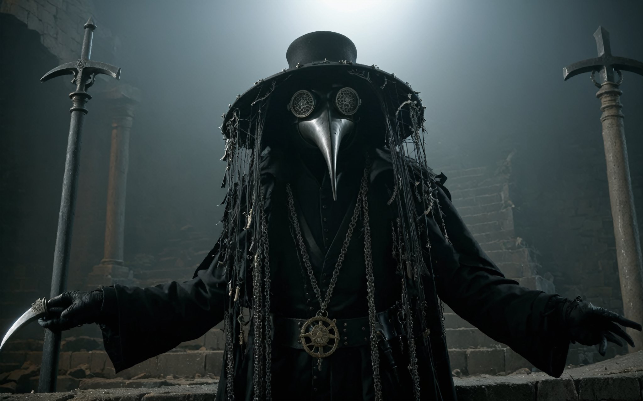 (Masterpiece,  Best Quality),  highres,  (8k resolution),  centered,  (ultra-detailed),  madgod,  solo,  plague doctor,  goggles,  hat,  chains,  black veil,  beaked mask,  volumetric lighting:1.1,  dark,  (details:1.2),  sharp focus,  floating particles,  (depth of field),  high quality,  fuji 85mm,  atmospheric perspective,  ruins,  scenery,  full body,  extremely detailed background,  nightmare,  8k,  intricate,  holding,  (scythe:1.4),  long fingers,  long fingernails,  from afar, madgod, more detail XL,<lora:EMS-61413-EMS:0.300000>,<lora:EMS-83582-EMS:0.300000>,<lora:EMS-270055-EMS:0.500000>