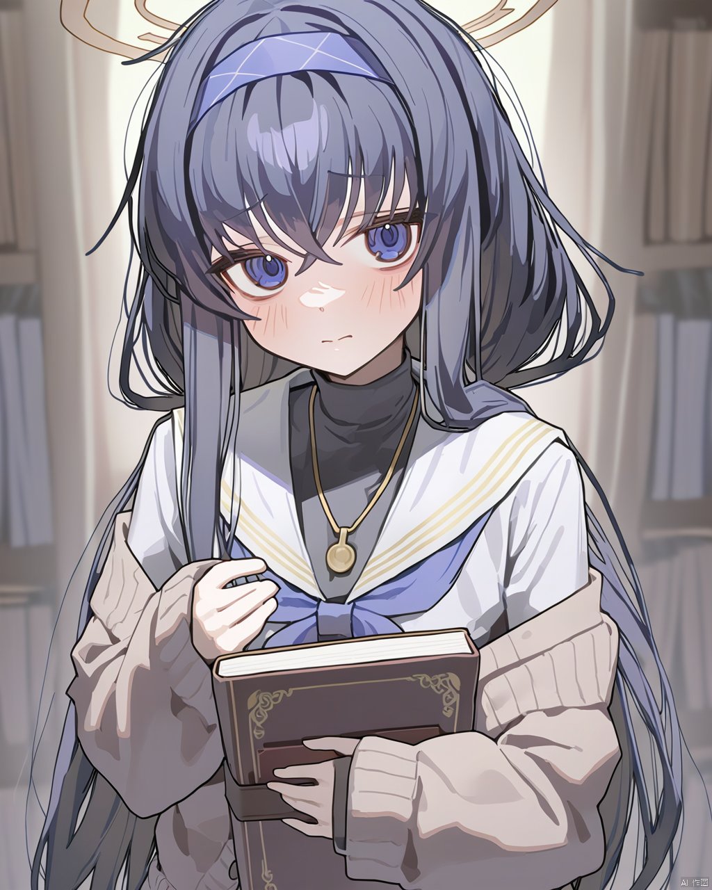 ningen mame, quality good, 1girl, ui (blue archive), solo, book, long hair, black hair, holding book, holding, hairband, bangs, bags under eyes, blue hairband, sailor collar, blush, long sleeves, looking at viewer, cardigan, closed mouth, white sailor collar, hair between eyes, school uniform, halo, upp