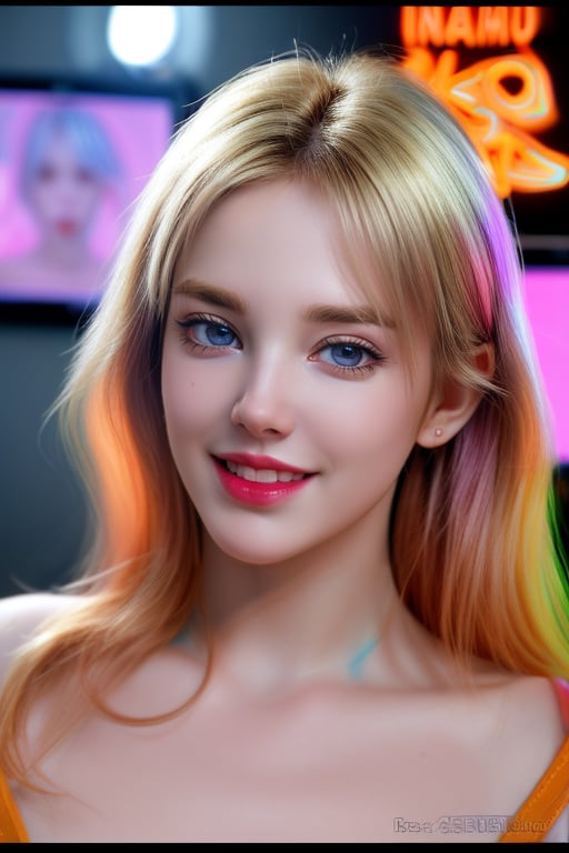 Masterpiece of hyperrealism, UHD, 8K, intense and vibrant colors, chromatic aberration, sharp focus, extremely detailed, intricate, beautiful volumetric lighting, natural light, bokeh, ideal proportions, very marked features, very sensual and sexy, genuine beauty, very beautiful, perfect eyes, very big and beautiful eyes with very long eyelashes, very juicy and lascivious lips, perfect and bright smile, smiling, sensual makeup with orange tones and golden glitter, very long hair, punk style haircut, a female youtuber performing a live streaming from the room of your house, neon lights, movie posters from the 80s,