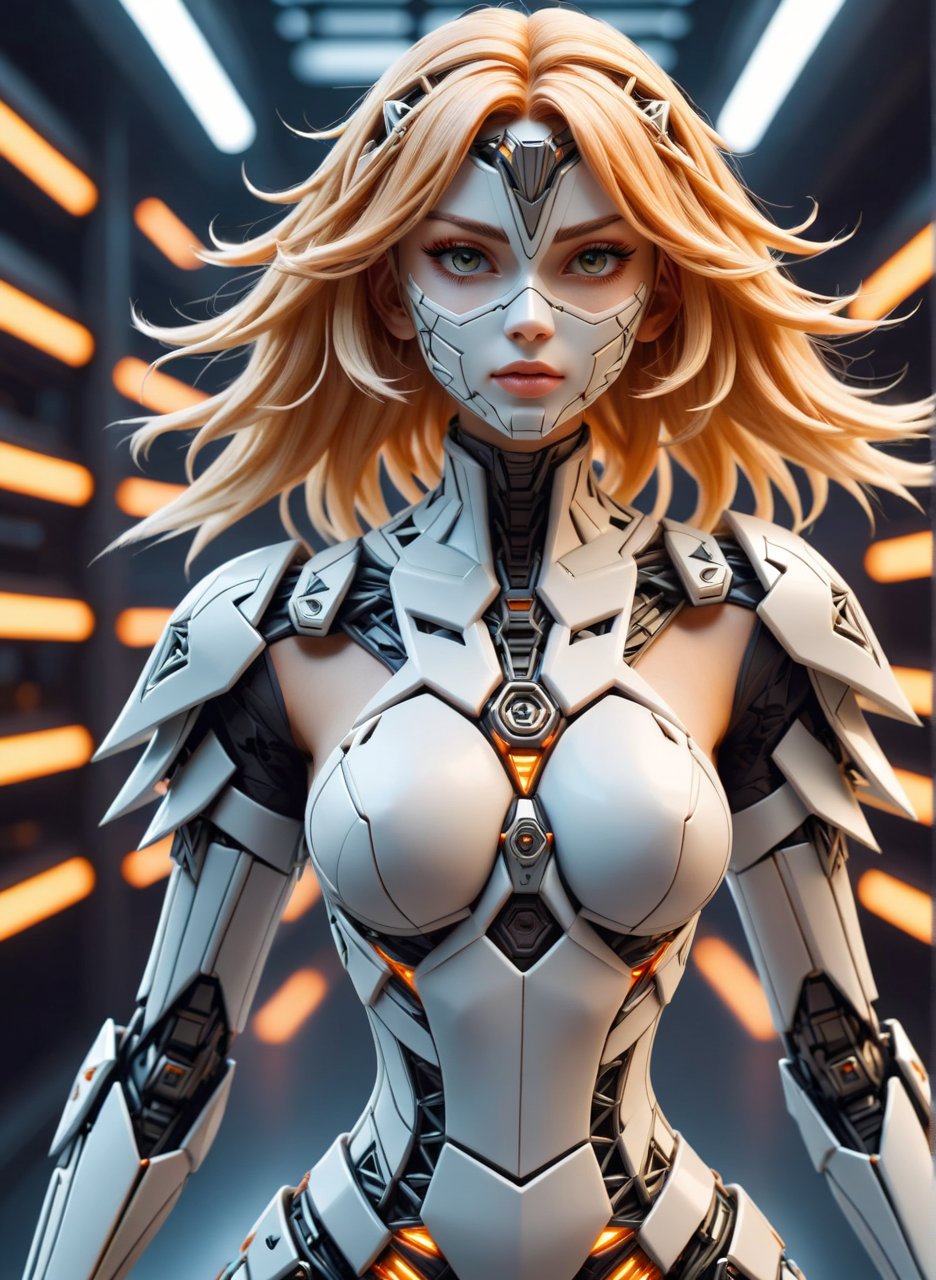 Portrait, 1girl, mecha suit, samurai face mask, menpo, upper body, underboob, portrait, white orange armor, blonde shimmering hair, 8K, RAW, best quality, masterpiece, ultra high res, colorful, (medium wide shot), (dynamic perspective), sharp focus , (depth of field, bokeh:1.3), extremely detailed eyes and face, beautiful detailed eyes,large breasts,black glowing reflective ral-pnrse surface, trimmed gear,In a futuristic weapons factory, ((masterpiece, best quality)), niji, from side, upper body, hips,ral-pnrse