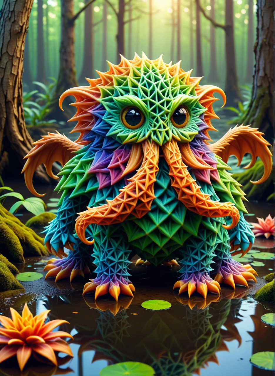 best quality, masterpiece, colorful, A cute colorful fluffy cthulhu, wildlife photography, in a ral-pnrse swamp, 4K UHD, 8K UHD, High-definition,ral-pnrse