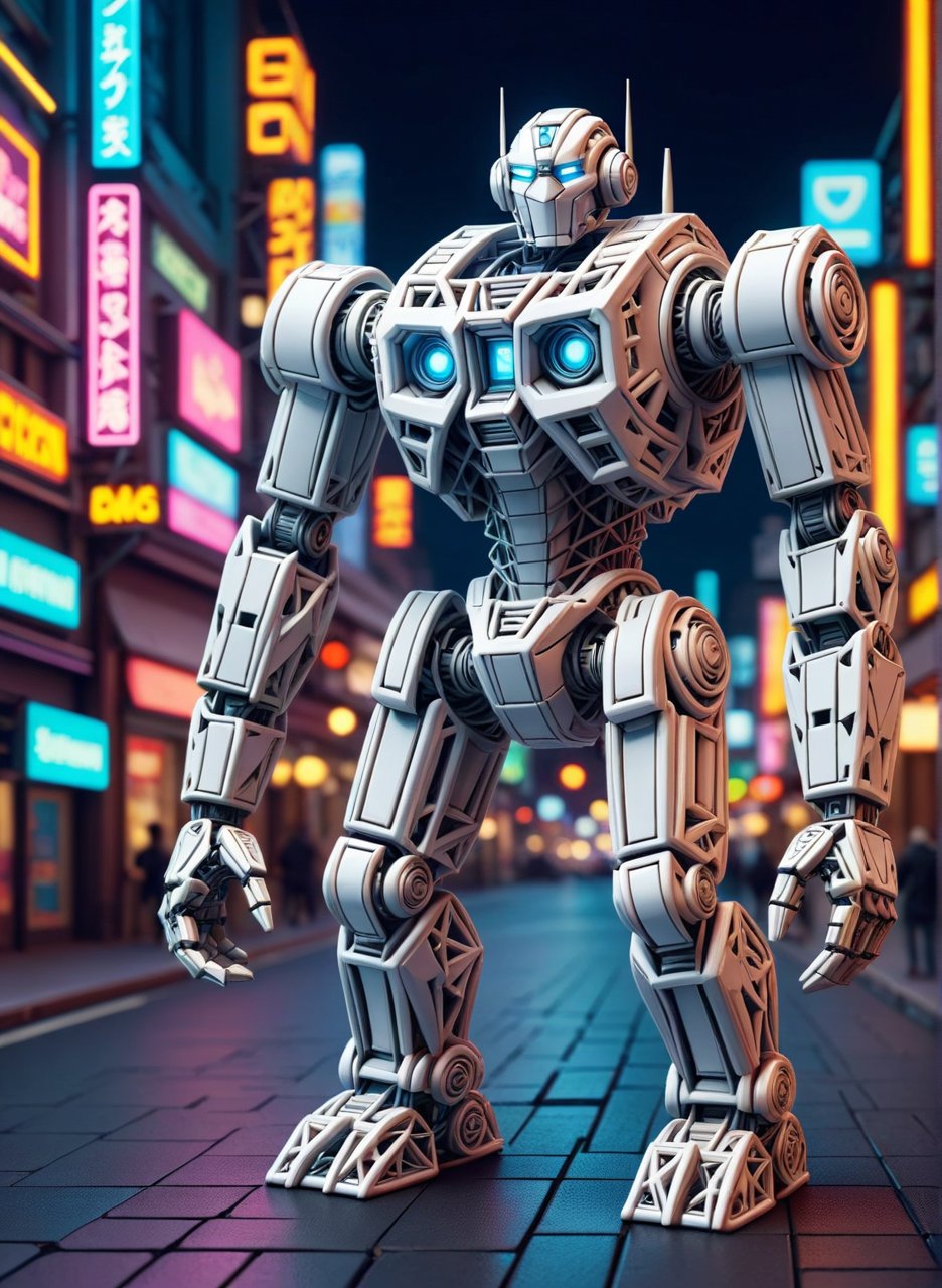 Huge white robot toy, on Micro city model, neon color background, (masterpiece), (highly detailed CG illustration),(expressionless), (best quality:1.2), intricate details, detailed texture, High quality shadow, Cinematic Light, Depth of field, perspective, 20s made of ral-pnrse,ral-pnrse