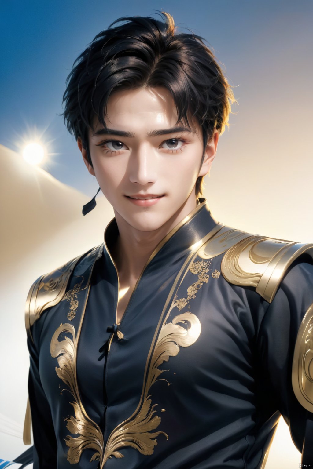  (A sunny handsome 20-year-old boy :1.5), (sunny smile :1.48), (deep bright big eyes :1.52), (perfectly proportioned body: 1.46), （fullbody), extroverted, monochrome, gold and ink style, extreme detail, best picture quality, masterpiece, ultra-high resolution, (Sunny handsome Boy), 20 years old, solo, portrait, (various cool moves of handsome Sunshine), (wearing cool future wind armor: 1.49), decorated with fantasy god beast stripes, Oriental mythology, God, Sunny Boy style