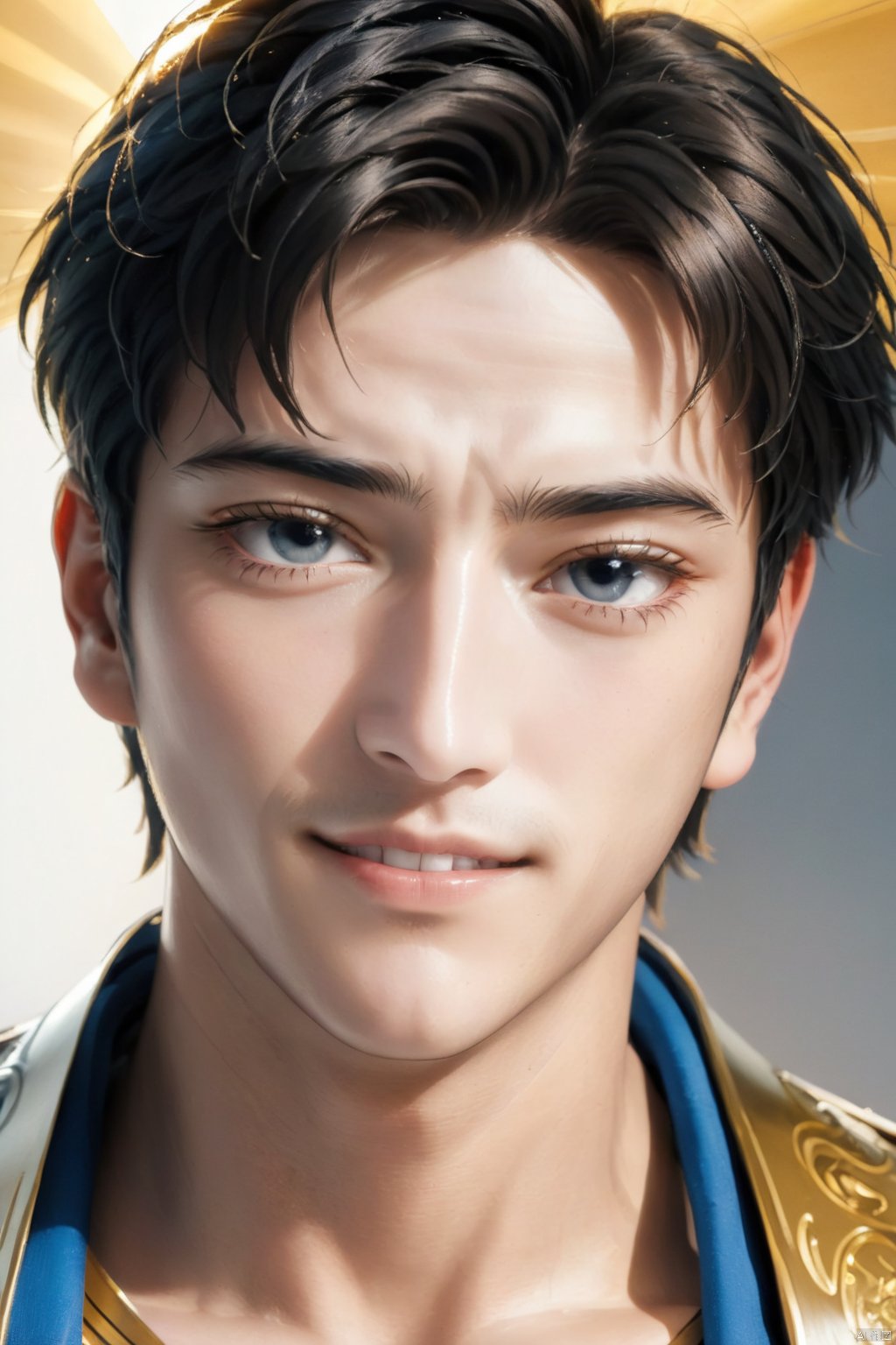  (A sunny handsome 20-year-old boy :1.5), (sunny smile :1.48), (deep bright big eyes :1.52), (perfectly proportioned body: 1.46), close-up, extroverted, monochrome, gold and ink style, extreme detail, best picture quality, masterpiece, ultra-high resolution, (Sunny handsome Boy), 20 years old, solo, portrait, (various cool moves of handsome Sunshine), (wearing cool future wind armor: 1.49), decorated with fantasy god beast stripes, Oriental mythology, God, Sunny Boy style