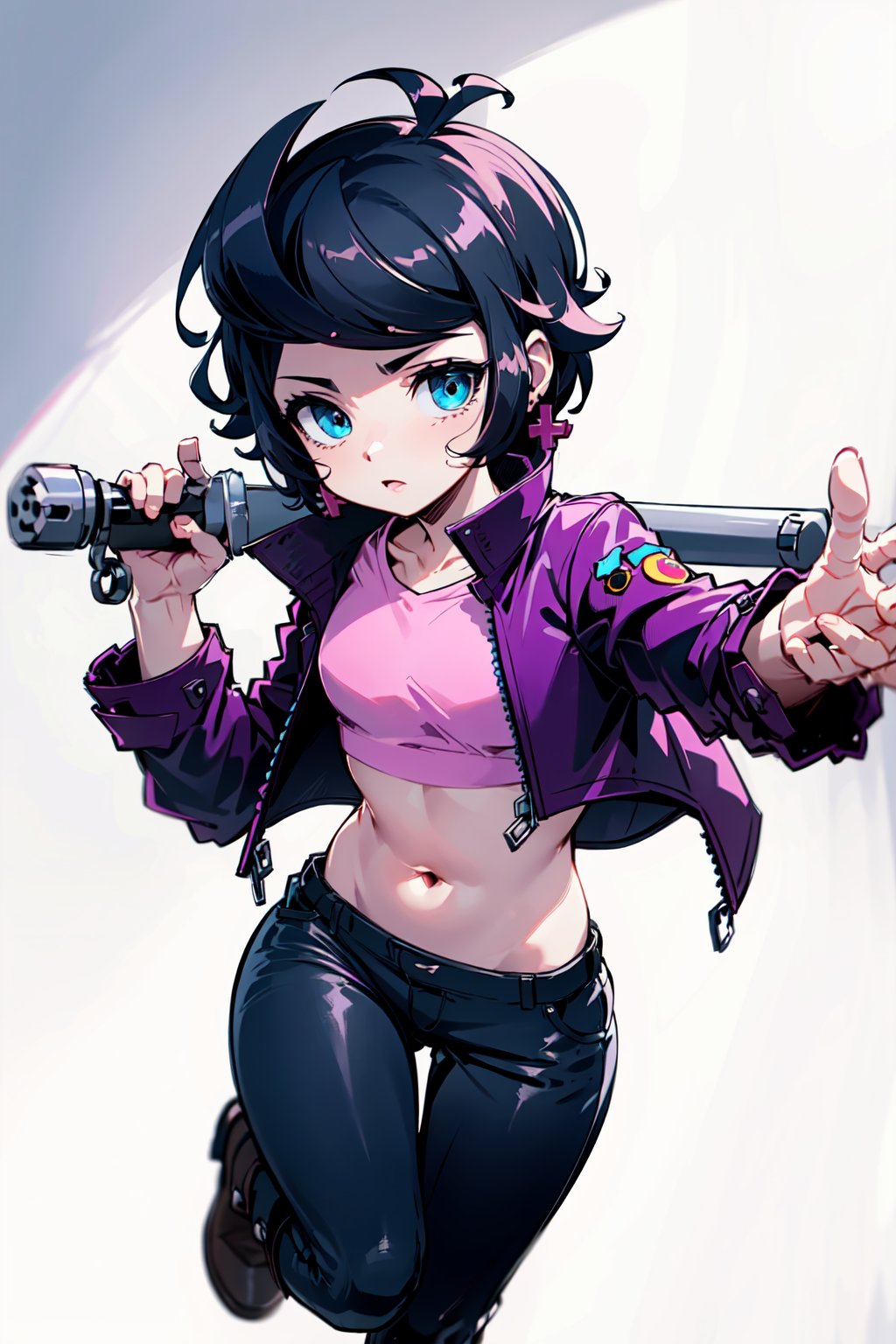 (best quality, masterpiece,4k),bibiBS,black-hair,short-hair,blue_eyes, cross earring, purple jacket,pink shirt,crop_top,black_pants,black_boots