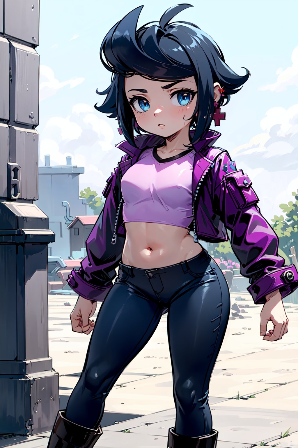 (best quality, masterpiece,4k),bibiBS,black-hair,short-hair,blue_eyes, cross earring, purple jacket,pink shirt,crop_top,black_pants,black_boots,bat