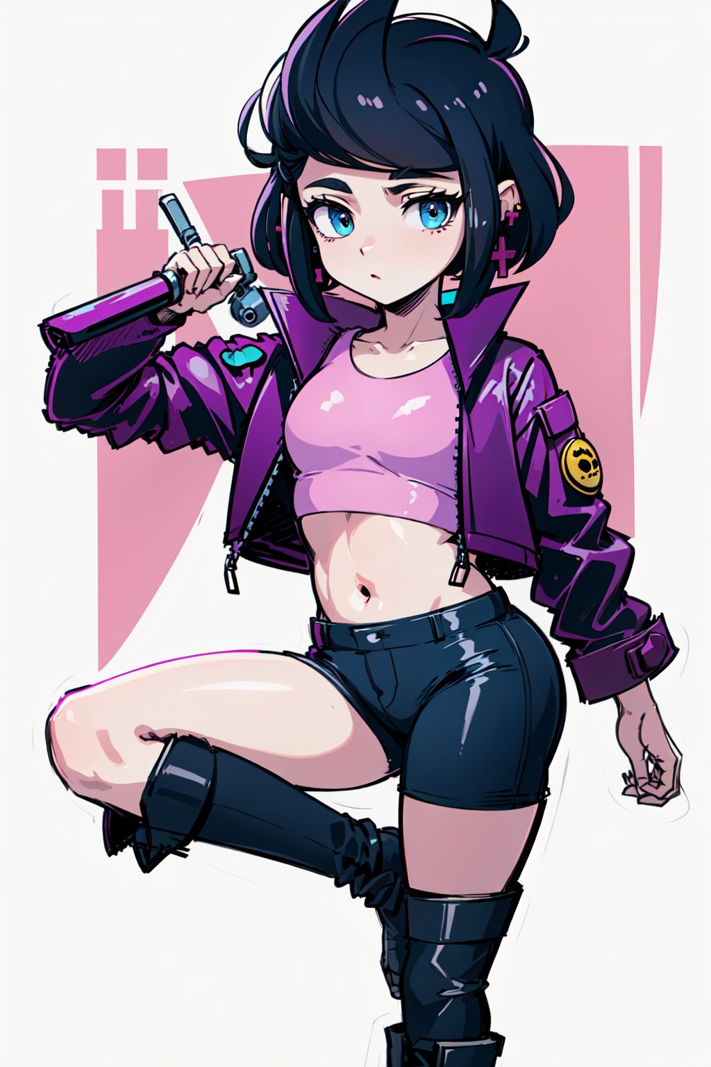 (best quality, masterpiece,4k),bibiBS,black-hair,short-hair,blue_eyes, cross earring, purple jacket,pink shirt,crop_top,black_pants,black_boots,bat