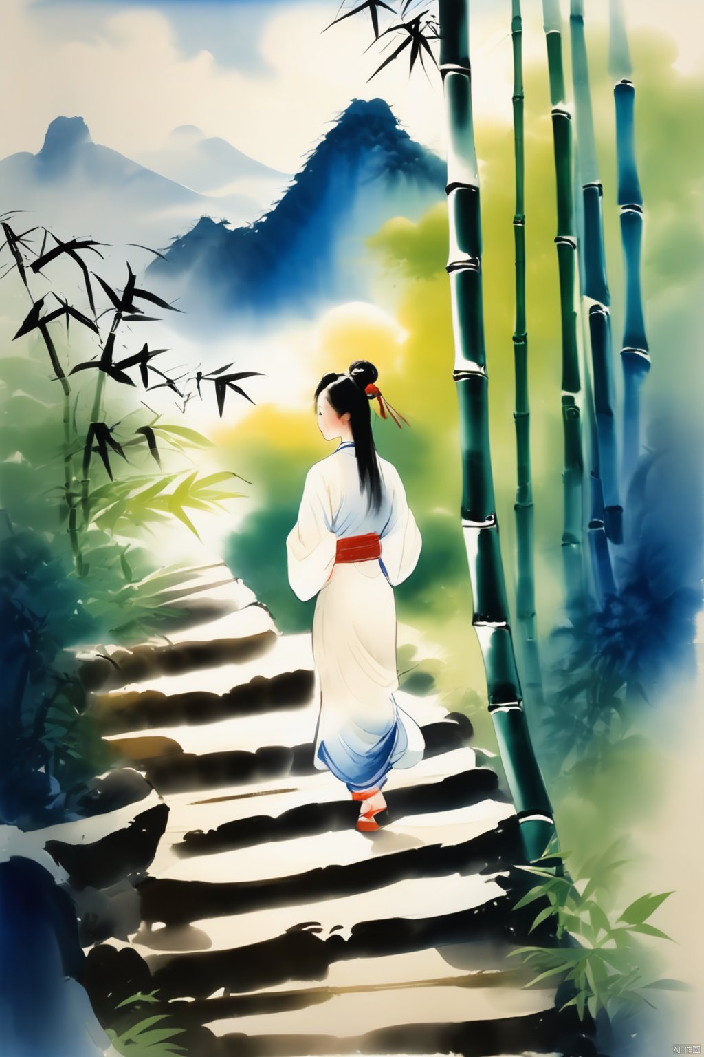 
A girl with a smile, long black hair, single hair, long sleeves, stairs overlooking the bamboo forest, stairs, mountains, blue sky, White Clouds, sunshine, traditional Chinese ink painting,山竹春色