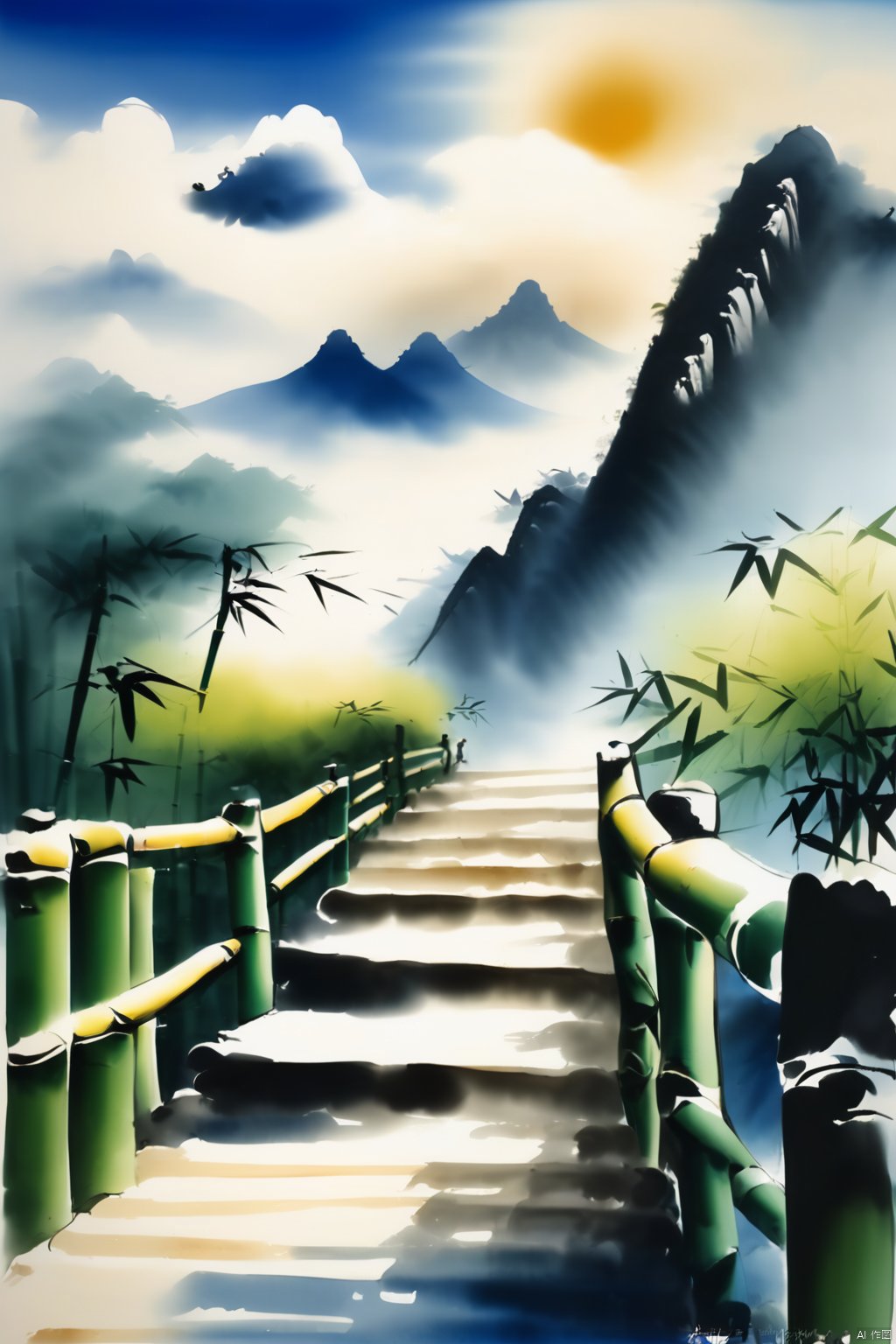 Bamboo Forest, stairs, distant mountains, blue sky and white clouds, sunshine, traditional Chinese inkpainting 山竹春色