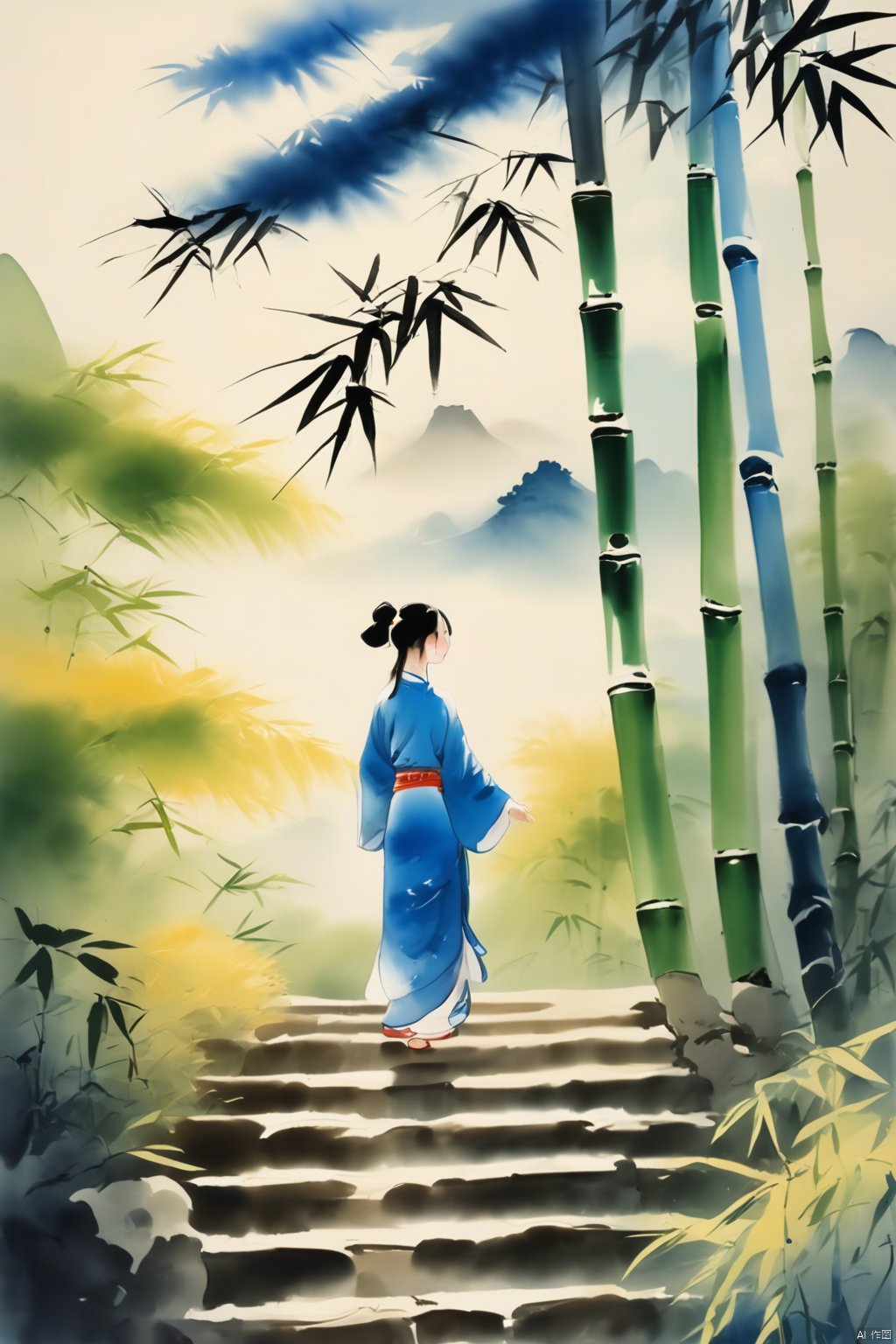 
A girl with a smile, long black hair, single hair, long sleeves, stairs overlooking the bamboo forest, stairs, mountains, blue sky, White Clouds, sunshine, traditional Chinese ink painting,山竹春色