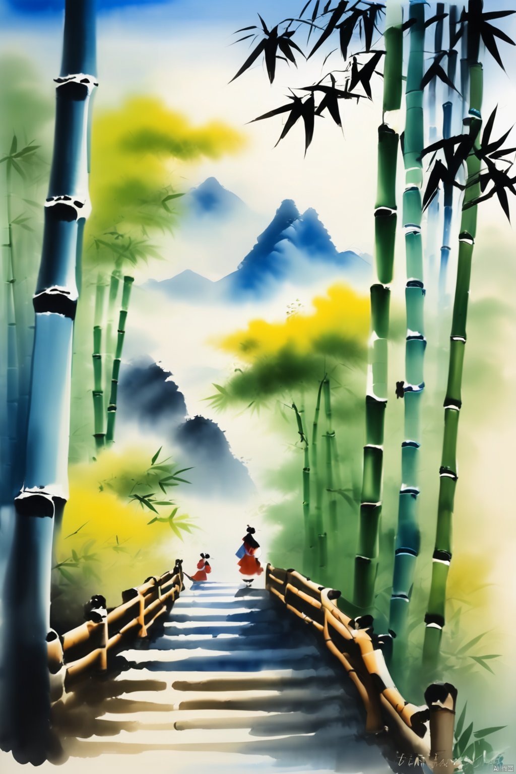 Bamboo Forest, stairs, distant mountains, blue sky and white clouds, sunshine, traditional Chinese inkpainting 山竹春色