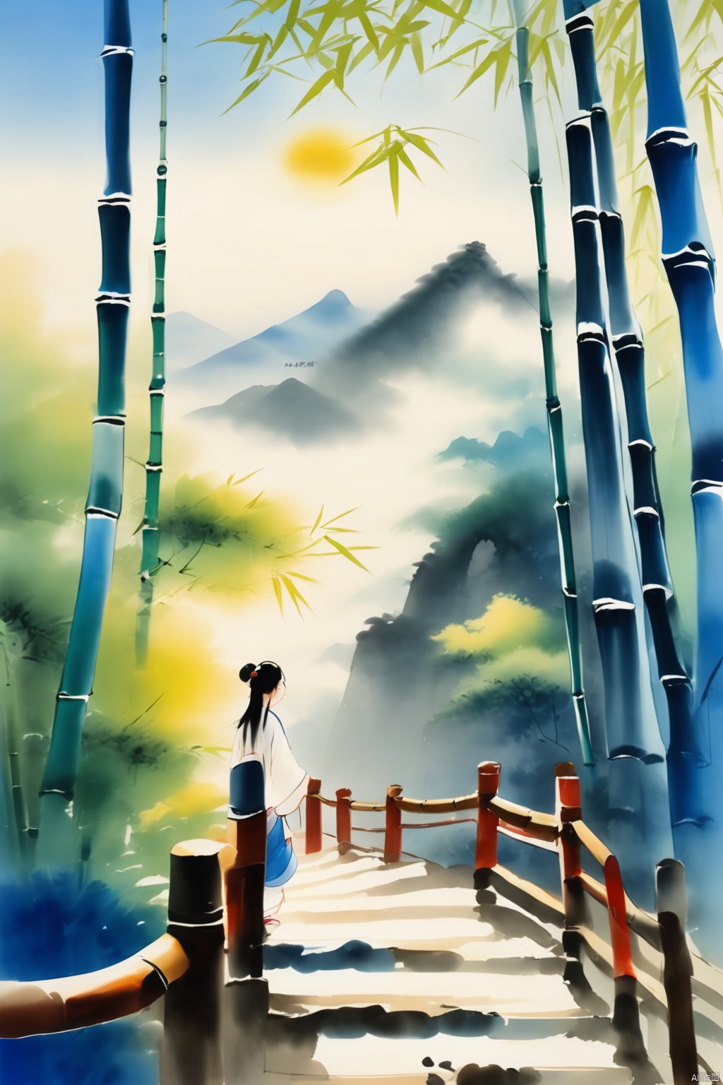 
A girl with a smile, long black hair, single hair, long sleeves, stairs overlooking the bamboo forest, stairs, mountains, blue sky, White Clouds, sunshine, traditional Chinese ink painting,山竹春色