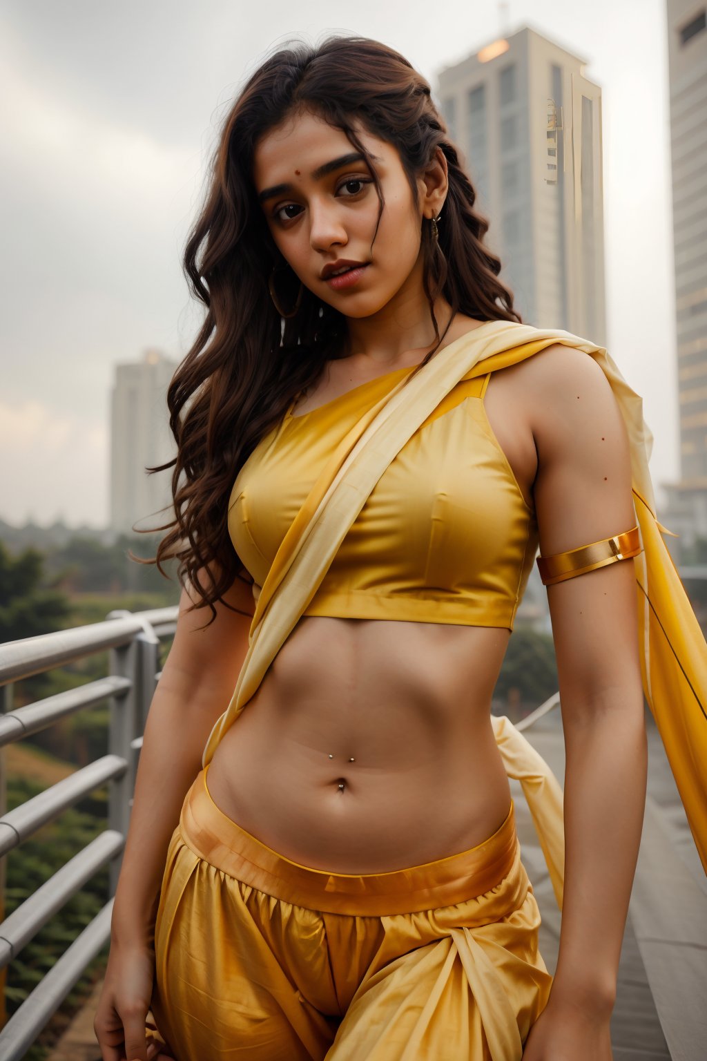 Raw photo, realistic, 20 year old  woman,   thick waist, long curly brown hair, movie scene, cinematic, navel, high-quality, ultra-detailed, professionally color graded, professional photography.  ( hard light:1.2), (volumetric:1.2), well-lit, double exposure, award-winning photograph, happy_face, Fast shutter speed, 1/1000 sec shutter, salwar, yellow cloth, sleeveless,18 year old girl,1 girl,CyberpunkWorld,Sexy Pose,20 year old girl,1girl,REALISTIC,23yo girl