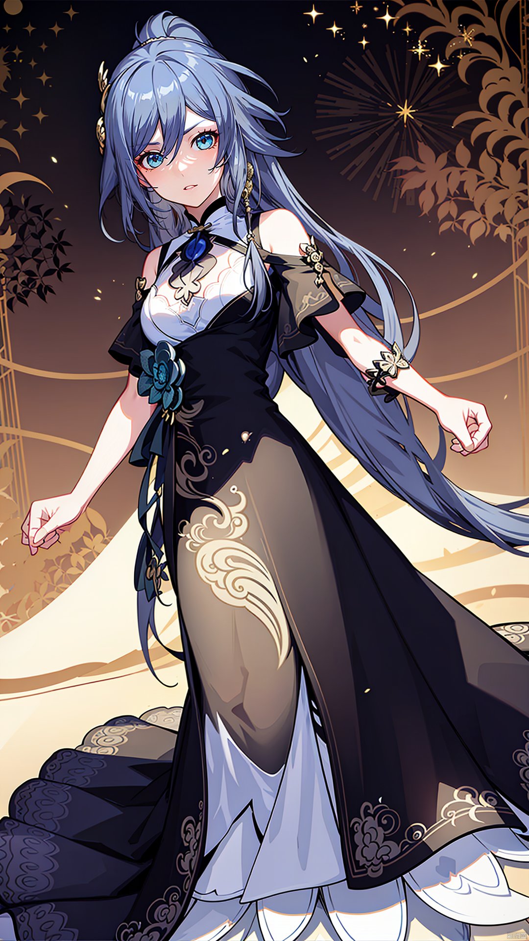 Illustration of a grey anime twintails wavy hair girl wearing a Gothic lace dress in the style of the Edwardian era, captured in a vintage etching. Her dress is adorned with intricate details reminiscent of Damascus steel. beautiful colorful stained glass ,twintails, cute, fu hua
fu hua,white skin,messy hair,yin yang,smile,braided ponytail,braid,blue eyes,1girl,hair between eyes,ponytail,multicolored hair,streaked hair,long hair,bangs, Anime
