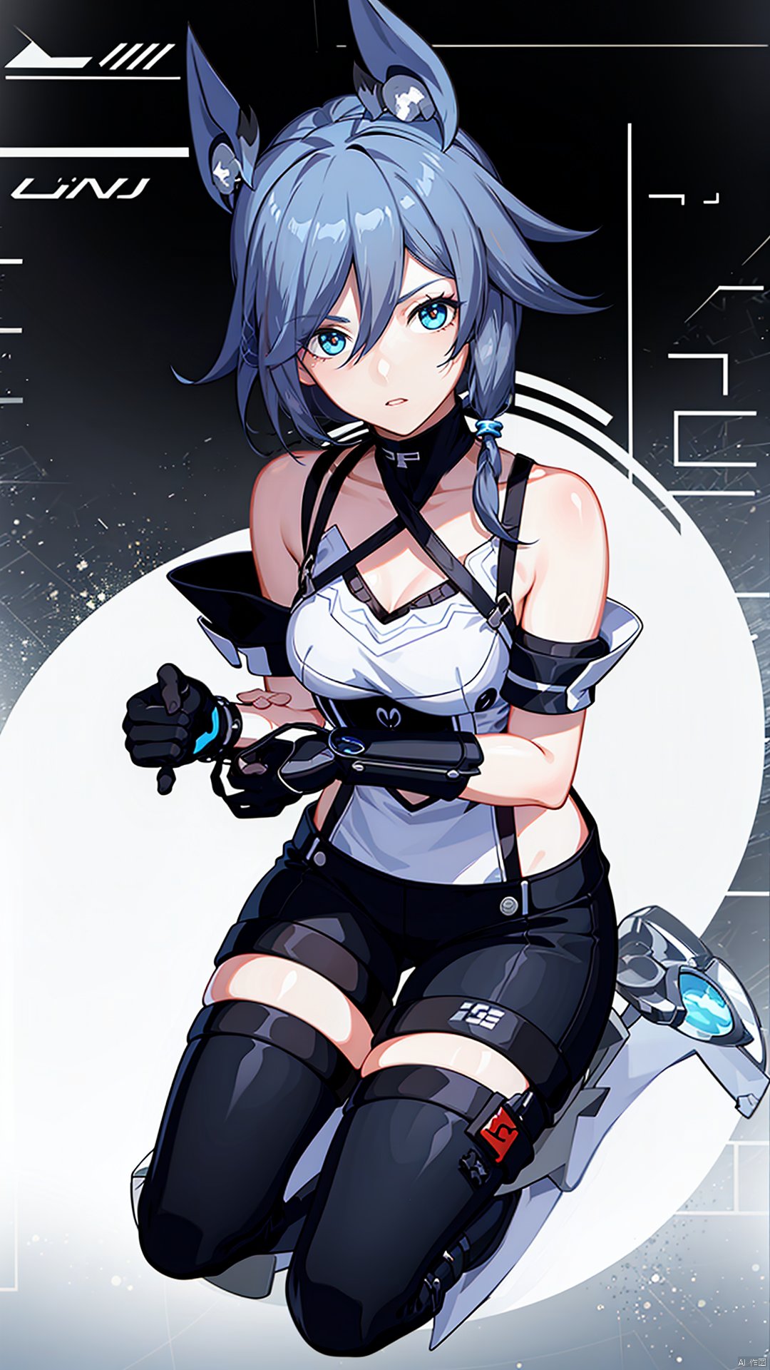 cute girl with short hair in white mechanics overalls but top half is undressed, she is repairing a broken mecha on the ground, (full body), 1girl, this is inside a workshop with tools, canisters, metal parts, auto parts, cg art, bright colours, absurdres, (white background), ,fu hua
fu hua,white skin,messy hair,yin yang,smile,braided ponytail,braid,blue eyes,1girl,hair between eyes,ponytail,multicolored hair,streaked hair,long hair,bangs, Anime
