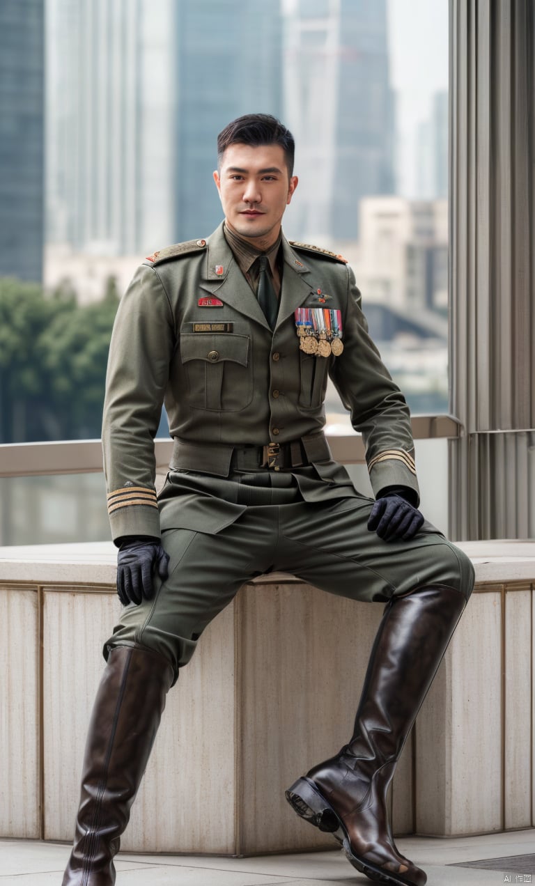 1man,asian,exquisite facial features,handsome,tall,male focus,anzio_military_uniform,(black knee_boots),gloves,muscular,full body,dynamic pose,(masterpiece, realistic, Realism, best quality, highly detailed, 8K Ultra HD, sharp focus, profession),soft lighting,blurry,outdoors,Dynamic angle,1man