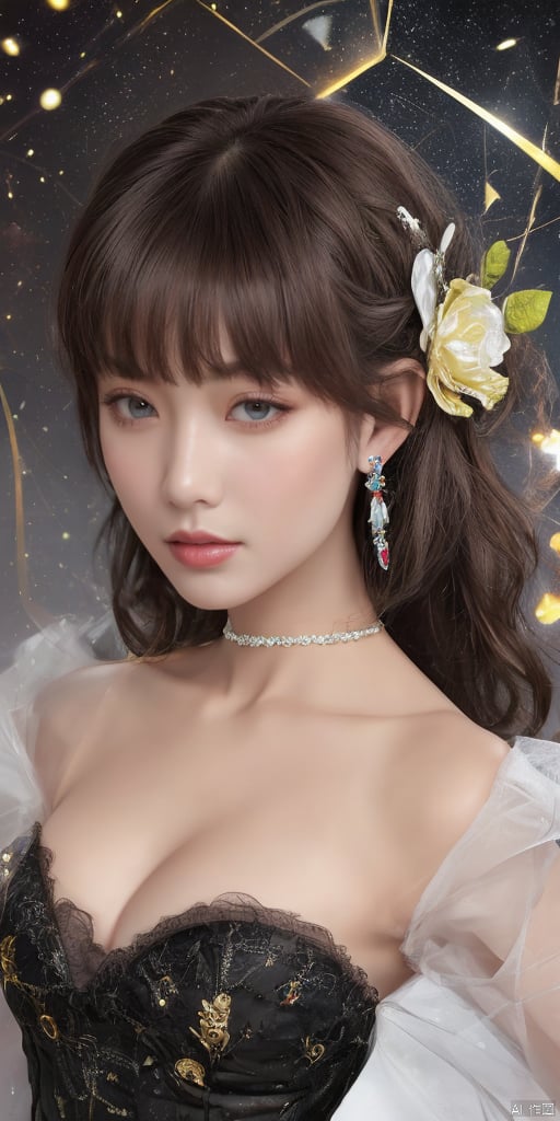  1girl,Chinese girls, solo,glowing,yellow eyes,blush,see-through,black rose,long hair,Hexangular Star, looking at viewer, bangs, blue eyes, black hair, hair ornament, long sleeves, dress, bow, ribbon, holding, hair ribbon, heart, cowboy shot, frills, parted lips, puffy sleeves, wide sleeves, bowtie, black dress, red bow, red ribbon, juliet sleeves, red bowtie,,jewelry, earrings,lips, makeup, portrait, eyeshadow, realistic, nose,{{best quality}}, {{masterpiece}}, {{ultra-detailed}}, {illustration}, {detailed light}, {an extremely delicate and beautiful}, a girl, {beautiful detailed eyes}, stars in the eyes, messy floating hair, colored inner hair, Starry sky adorns hair, depth of field, large breasts,cleavage,blurry, no humans, traditional media, gem, crystal, still life, Dance,movements, All the Colours of the Rainbow,zj,
simple background, shiny, blurry, no humans, depth of field, black background, gem, crystal, realistic, red gemstone, still life,
, jewels