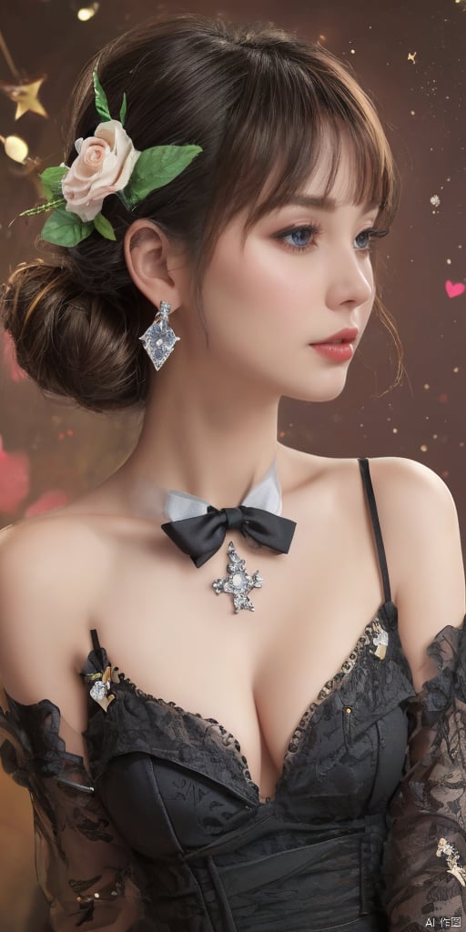  1girl, solo,glowing,blush,see-through,black rose,long hair,Hexangular Star, looking at viewer, bangs, blue eyes, black hair, hair ornament, long sleeves, dress, bow, ribbon, holding, hair ribbon, heart, cowboy shot, frills, parted lips, puffy sleeves, wide sleeves, bowtie, black dress, red bow, red ribbon, juliet sleeves, red bowtie,,jewelry, earrings,lips, makeup, portrait, eyeshadow, realistic, nose,{{best quality}}, {{masterpiece}}, {{ultra-detailed}}, {illustration}, {detailed light}, {an extremely delicate and beautiful}, a girl, {beautiful detailed eyes}, stars in the eyes, messy floating hair, colored inner hair, Starry sky adorns hair, depth of field, large breasts,cleavage,blurry, no humans, traditional media, gem, crystal, still life, Dance,movements, All the Colours of the Rainbow,zj,
simple background, shiny, blurry, no humans, depth of field, black background, gem, crystal, realistic, red gemstone, still life,
, jewels