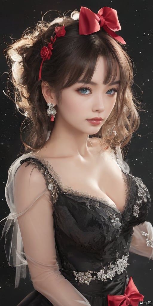  1girl,Chinese girls, solo,glowing,yellow eyes,blush,see-through,black rose,long hair,Hexangular Star, looking at viewer, bangs, blue eyes, black hair, hair ornament, long sleeves, dress, bow, ribbon, holding, hair ribbon, heart, cowboy shot, frills, parted lips, puffy sleeves, wide sleeves, bowtie, black dress, red bow, red ribbon, juliet sleeves, red bowtie,,jewelry, earrings,lips, makeup, portrait, eyeshadow, realistic, nose,{{best quality}}, {{masterpiece}}, {{ultra-detailed}}, {illustration}, {detailed light}, {an extremely delicate and beautiful}, a girl, {beautiful detailed eyes}, stars in the eyes, messy floating hair, colored inner hair, Starry sky adorns hair, depth of field, large breasts,cleavage,blurry, no humans, traditional media, gem, crystal, still life, Dance,movements, All the Colours of the Rainbow,zj,
simple background, shiny, blurry, no humans, depth of field, black background, gem, crystal, realistic, red gemstone, still life,
, jewels