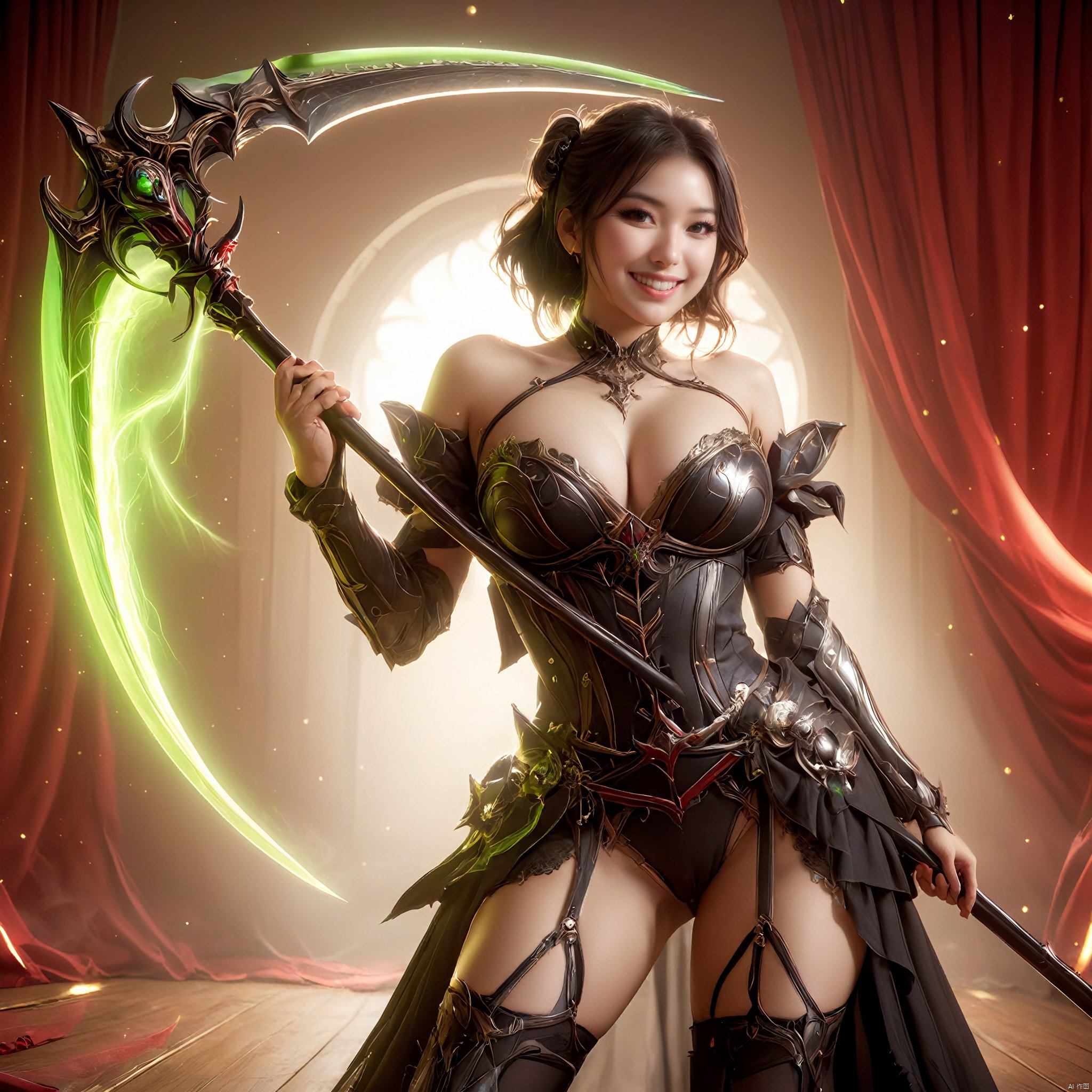 an image of a fantasy game female knight, ((wielding a huge galaxy scythe)), 1girl,solo,,medium breasts,,ruanyi0106,(full body:1.3),(pantyhose:1.1),(thigh gap:1.4),bottomless,(gradient pantyhose),, ruanyi0069,china dress,no panties,cross-laced clothes,bare shoulders,side slit,squatting cowgirl position,spread legs,, (masterpiece, best quality, hires, high resolution:1.2), (extremely detailed, realistic, intricate details, highres), 3d, cg,  bbw, shiny skin, (laughing:1.4), blush,, eyeliner, eyeshadow, eyelashes,, (gigantic breasts, saggy breasts:1.1), (cinematic lighting, sunlight, volumetric), looking at viewer, simple red background, vintage fantasy, 1960s \(style\), film grain, SCYTHE, MAJICMIX STYLE