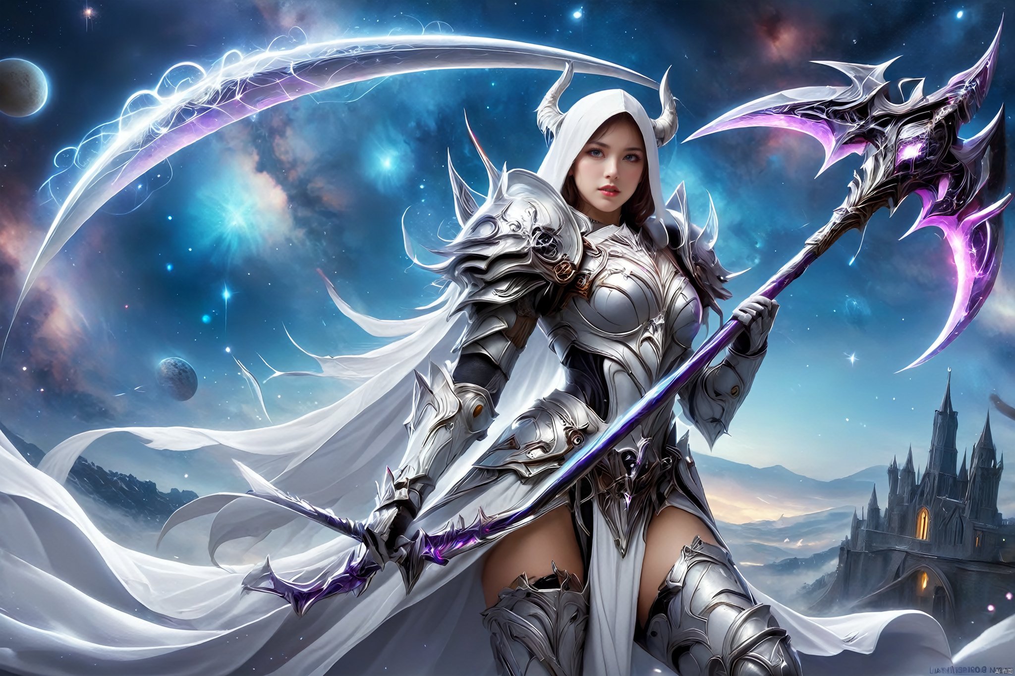 an image of a fantasy game female knight, wielding a galaxy scythe, galaxy print on the scythe, wearing white armor, hells in background, digital art, HD, masterpiece, best quality, hyper detailed, ultra detailed, SCYTHE, MAJICMIX STYLE