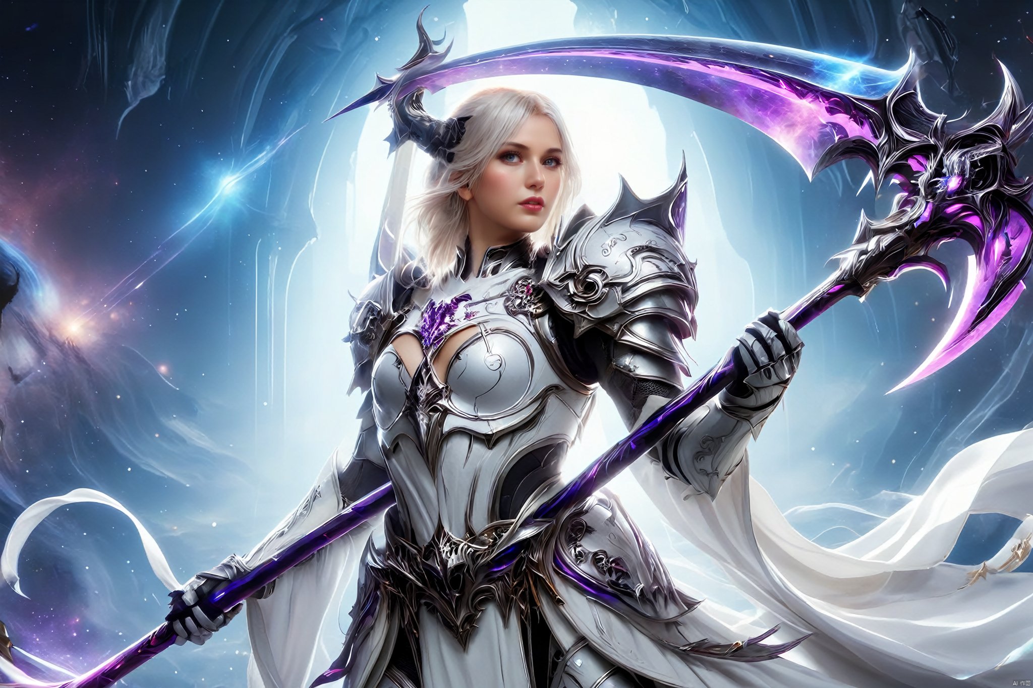 an image of a fantasy game female knight, wielding a galaxy scythe, galaxy print on the scythe, wearing white armor, hells in background, digital art, HD, masterpiece, best quality, hyper detailed, ultra detailed, SCYTHE