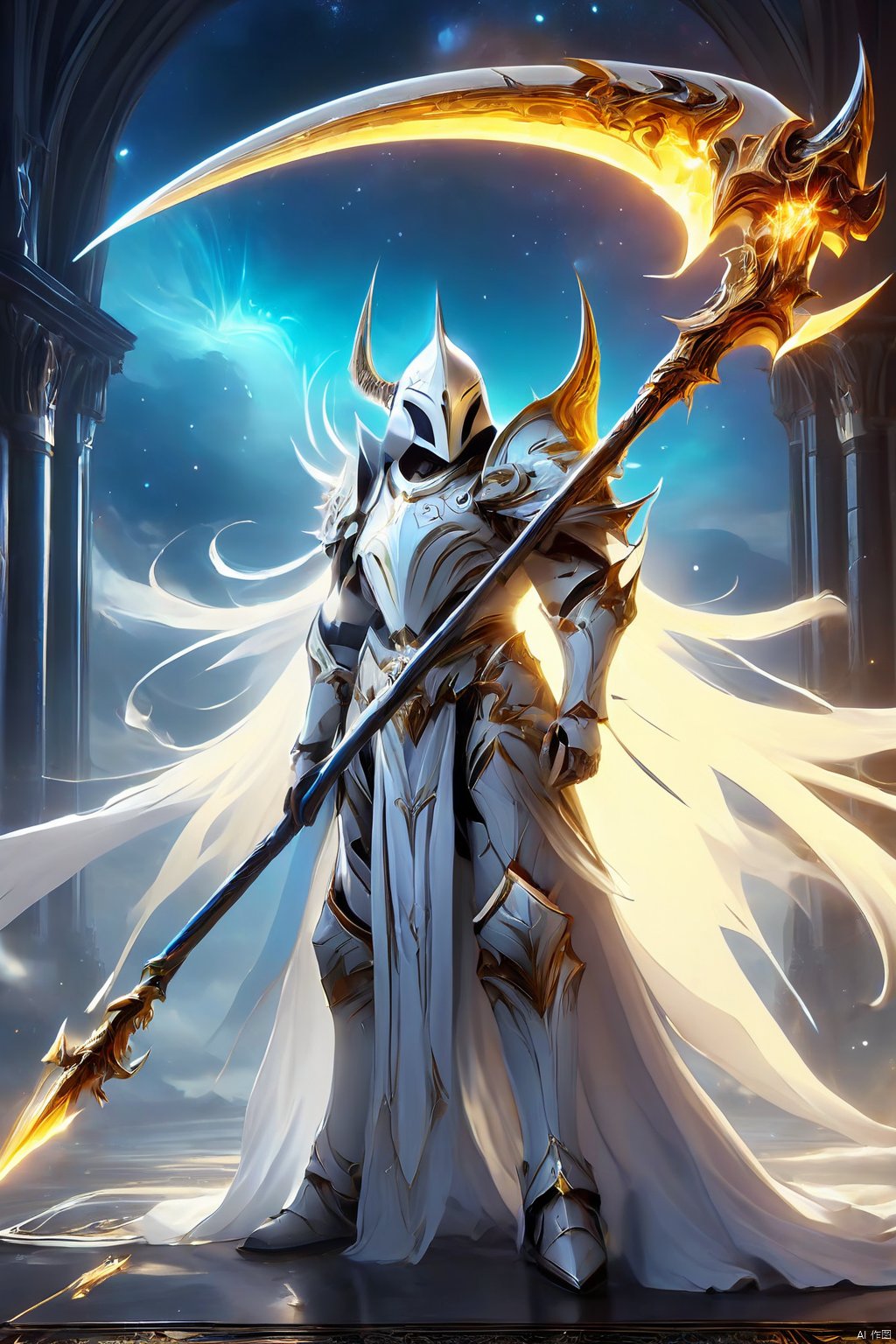 an image of a fantasy game female knight, wielding a galaxy scythe, galaxy print on the scythe, wearing white armor, hells in background, digital art, HD, masterpiece, best quality, hyper detailed, ultra detailed, SCYTHE