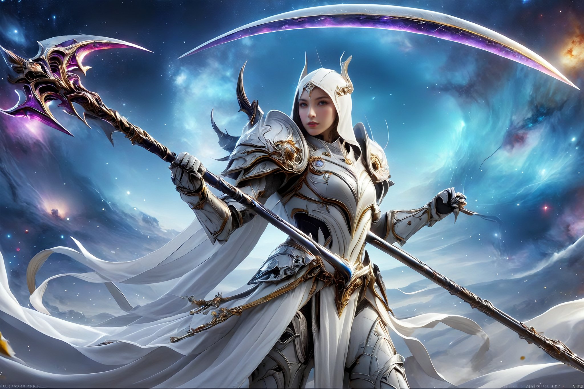 an image of a fantasy game female knight, wielding a galaxy scythe, galaxy print on the scythe, wearing white armor, hells in background, digital art, HD, masterpiece, best quality, hyper detailed, ultra detailed, SCYTHE, MAJICMIX STYLE