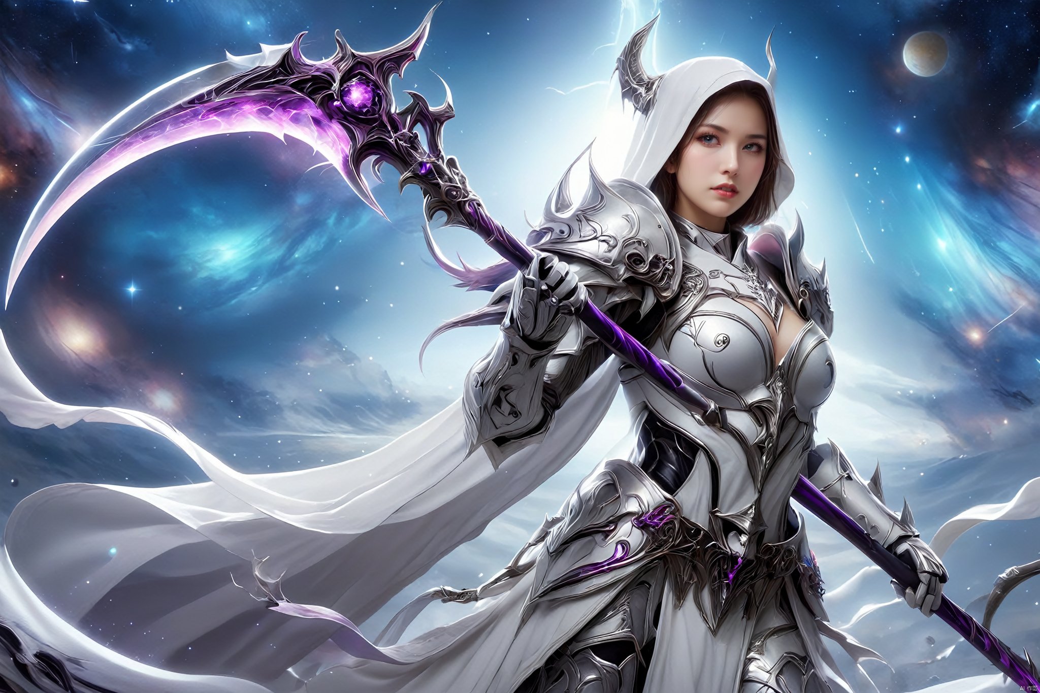 an image of a fantasy game female knight, wielding a galaxy scythe, galaxy print on the scythe, wearing white armor, hells in background, digital art, HD, masterpiece, best quality, hyper detailed, ultra detailed, SCYTHE, MAJICMIX STYLE