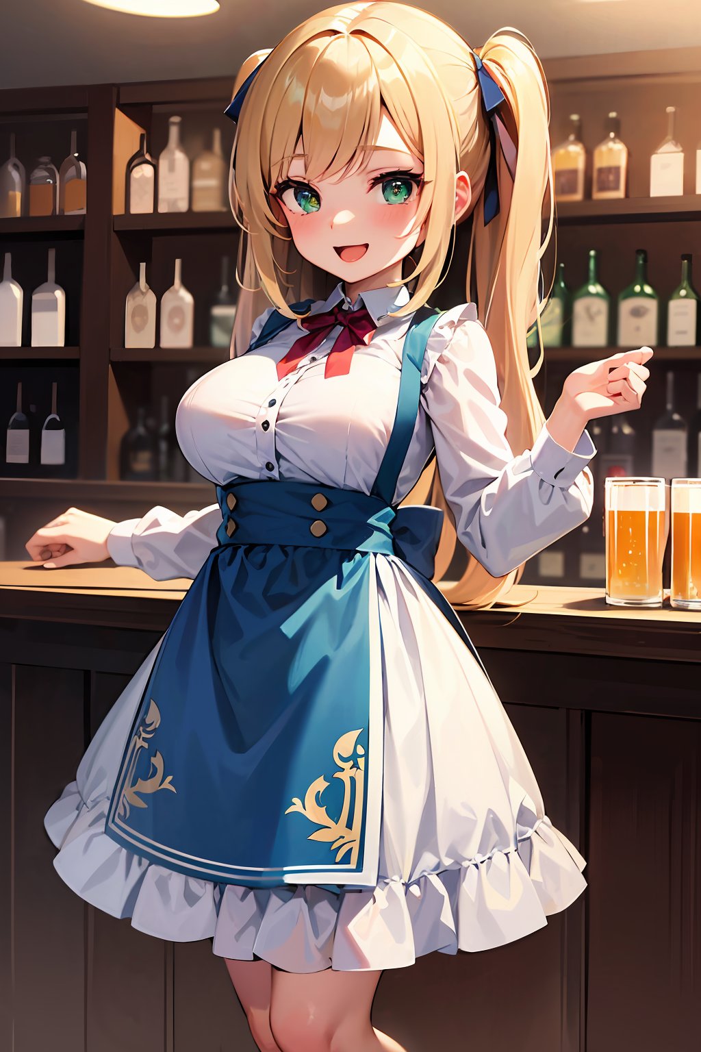 ((masterpiece, best quality, absurdres, highres, ultra detailed, high resolution, very fine 8KCG wallpapers)), 1 girl, solo, long hair, blonde hair, green eyes, swept bangs, hair ornament, smile, :D, large breasts, half apron, hairpin, white shirt, green skirt, brown shoes, beer hall waitress, beer hall, nice hands, perfect hands,