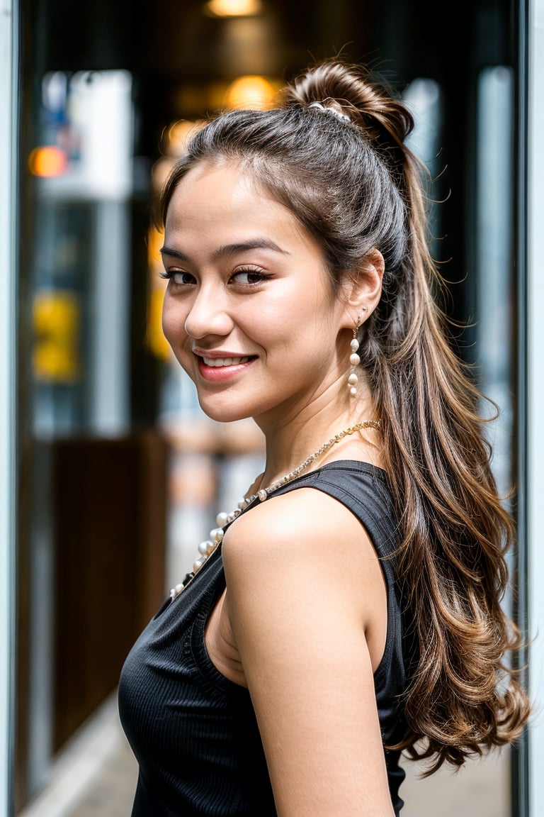 1girl, solo, looking at viewer, smile, brown hair, black hair, brown eyes, jewelry, upper body, ponytail, looking back, necklace, from behind, lips, black shirt, realistic, pearl necklace