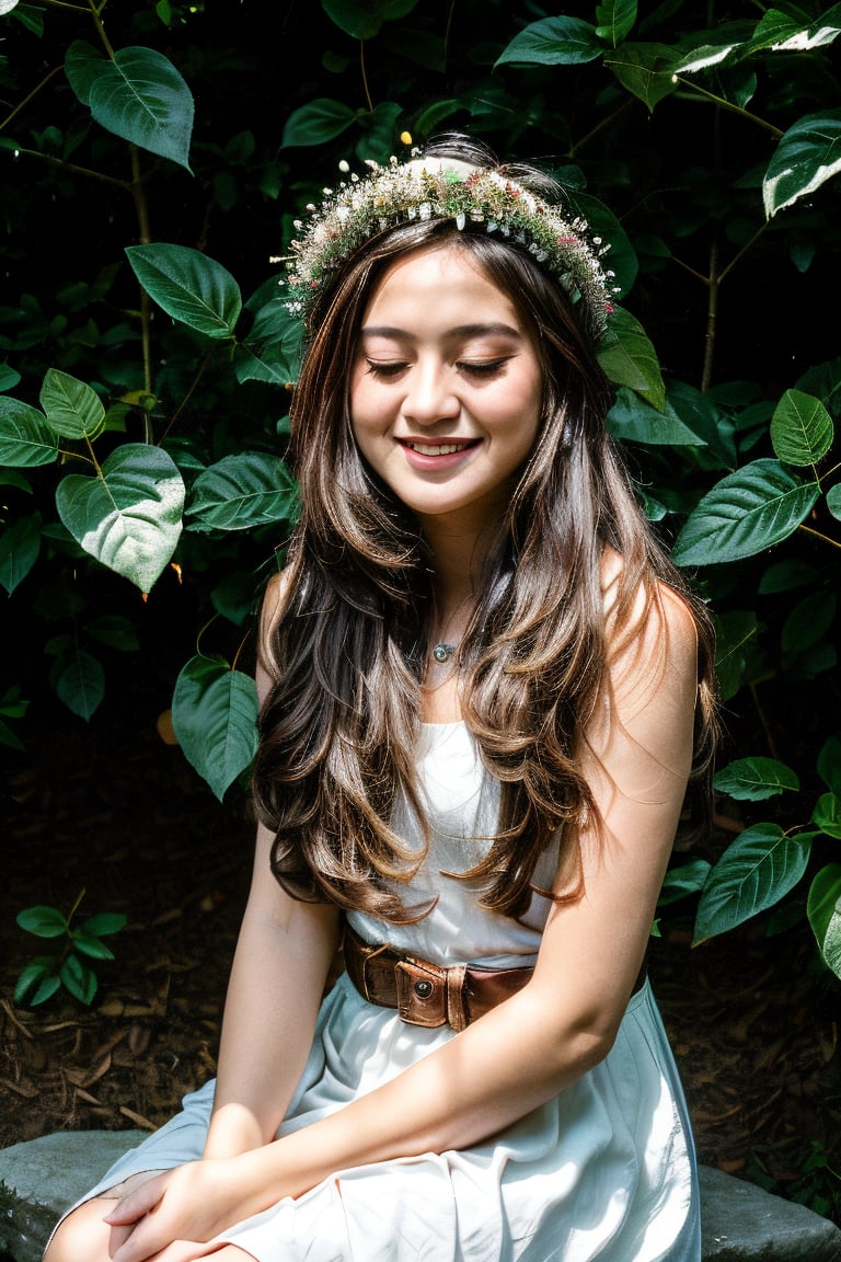 1girl, solo, long hair, smile, brown hair, black hair, dress, sitting, closed eyes, flower, white dress, lips, plant, head wreath