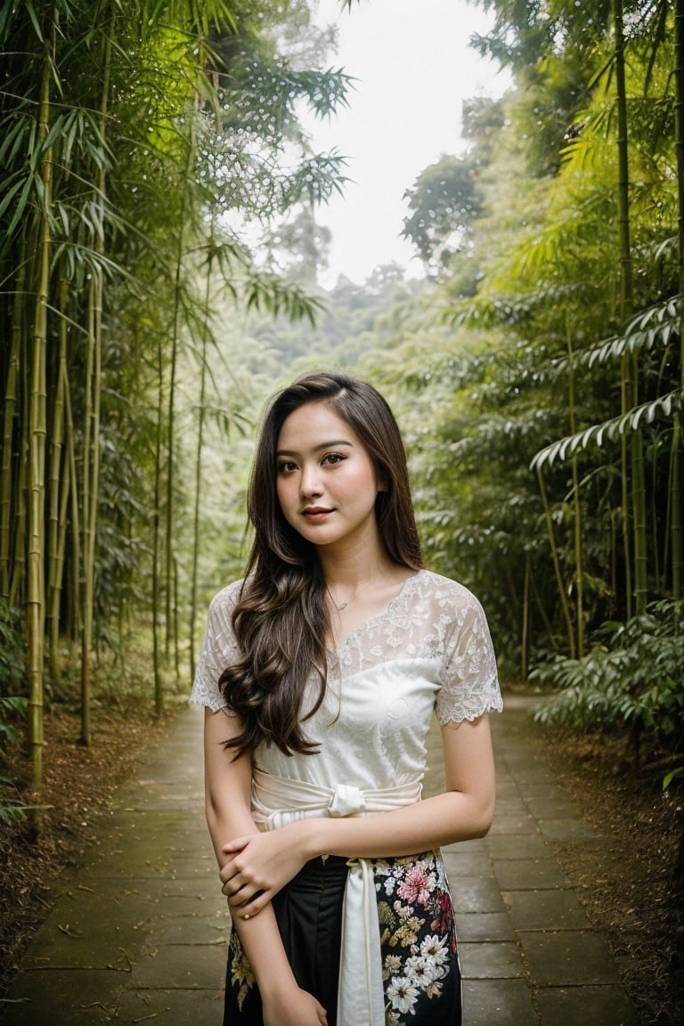 1girl, solo, long hair, looking at viewer, shirt, black hair, holding, white kebaya, flower, short sleeves, cowboy shot, nature, forest, bouquet, realistic, bamboo, holding bouquet, bamboo forest