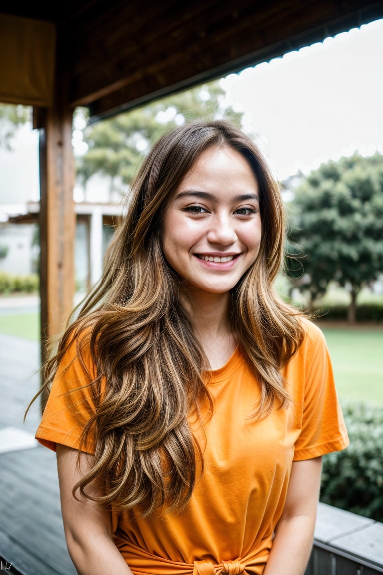 1girl, solo, long hair, looking at viewer, smile, blue eyes, brown hair, upper body, grin, blurry, lips, freckles, realistic, orange shirt