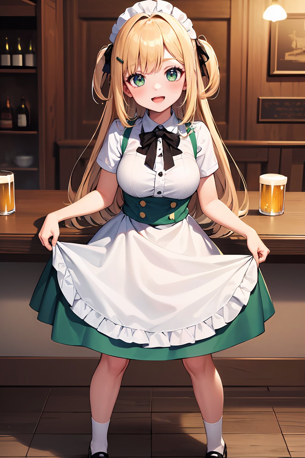 ((masterpiece, best quality, absurdres, highres, ultra detailed, high resolution, very fine 8KCG wallpapers)), 1 girl, solo, long hair, blonde hair, green eyes, swept bangs, hair ornament, smile, :D, large breasts, half apron, hairpin, white shirt, green skirt, brown shoes, beer hall waitress, beer hall, nice hands, perfect hands,