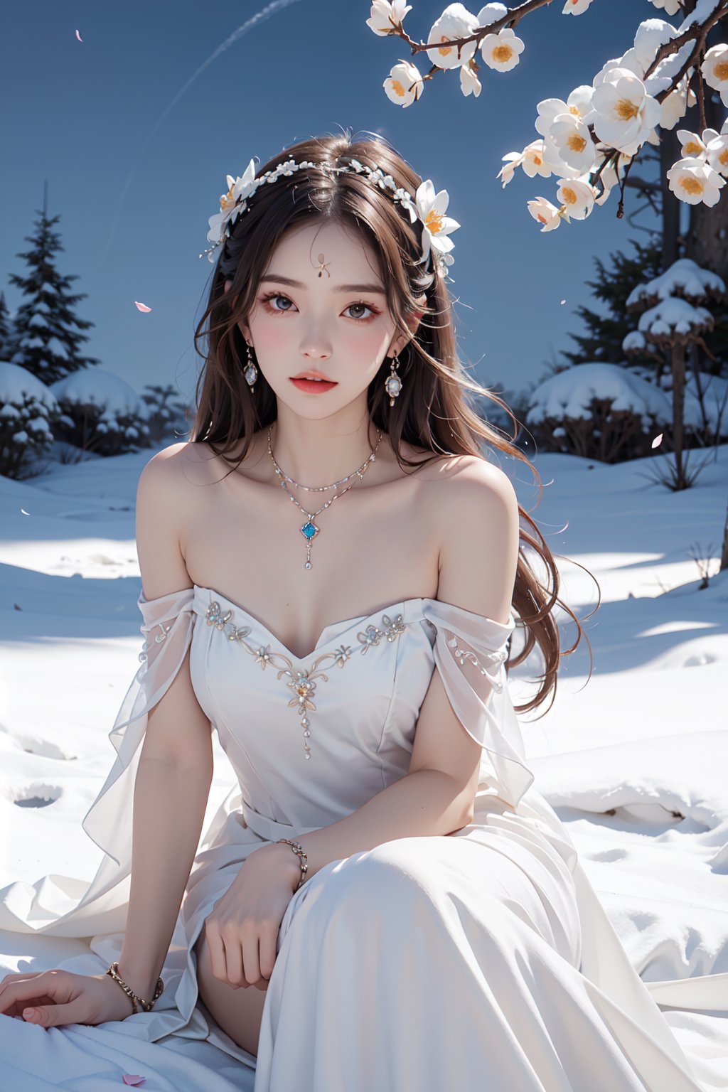 1girl,dream like,dress,branch,jewelry,flower,long hair,white dress,brown hair,solo,earrings,anklet,hair ornament,petals,night,sky,forehead mark,bare shoulders,falling petals,snow,