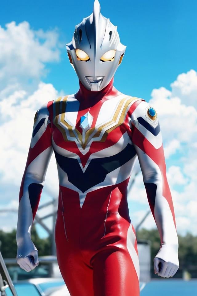 1boy,<lora:好吃米-Ultraman:0.85>,yellow eyes,Ultraman,bodysuit,