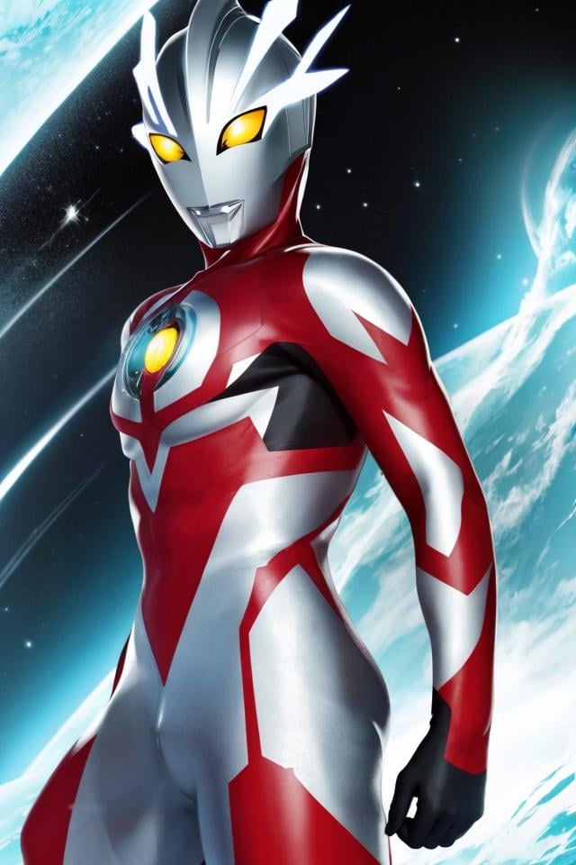 1boy,<lora:好吃米-Ultraman:0.85>,yellow eyes,Ultraman,bodysuit,